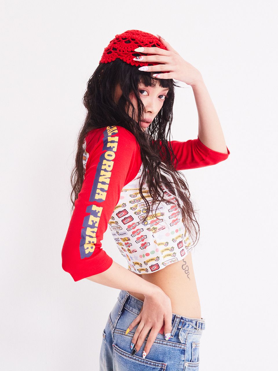 ◆as if calie◆ PRINTED RAGLAN CROP TSHIRT RED CA25AST007RDF MUSINSA | ASIF CALIE PRINTED RAGLAN CROP T-SHIRT RED