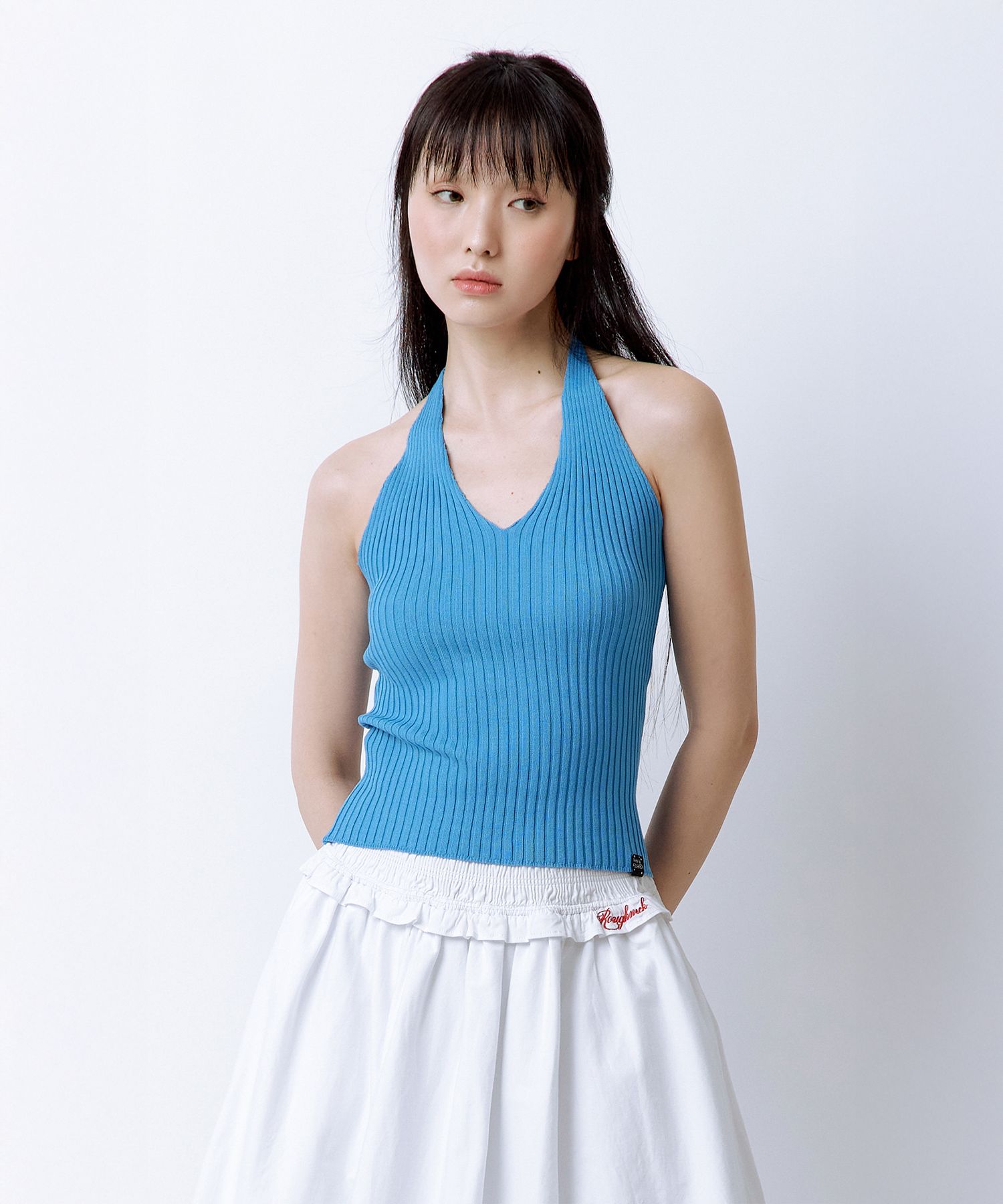 MUSINSA | ROUGHNECK Basic Halter Knit Top Blue