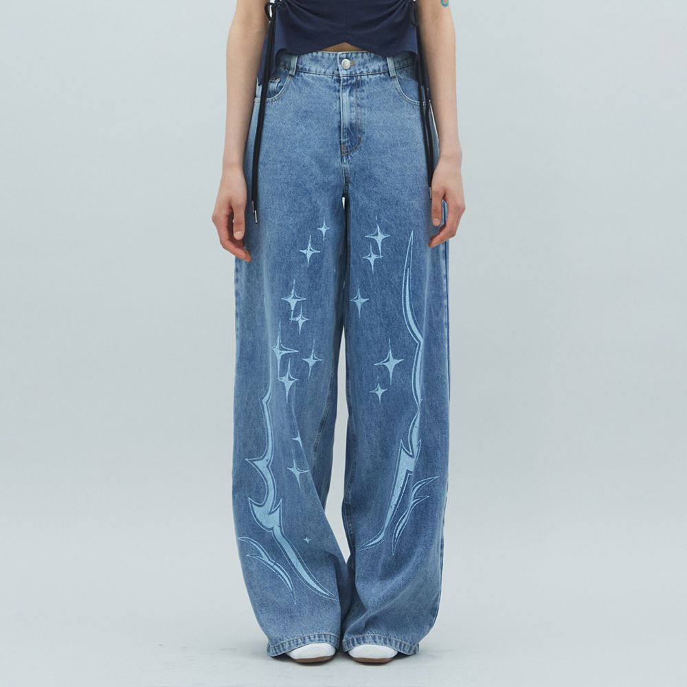 MUSINSA | LALAFOX TWINKLE WIDE DENIM PANTS Printed Jeans BLUE BR2DP003