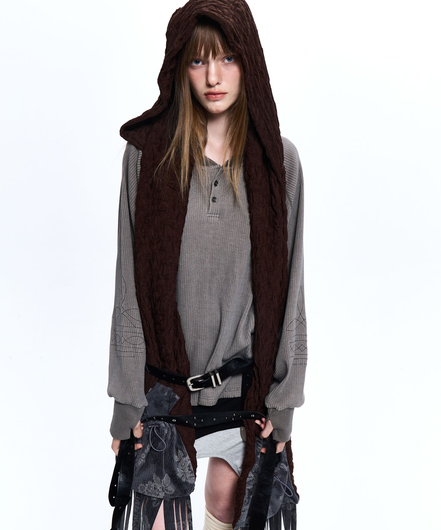 MUSINSA公式 | RSSC VELVET MIXED WRINKLE HOODIE MUFFLER - BROWN