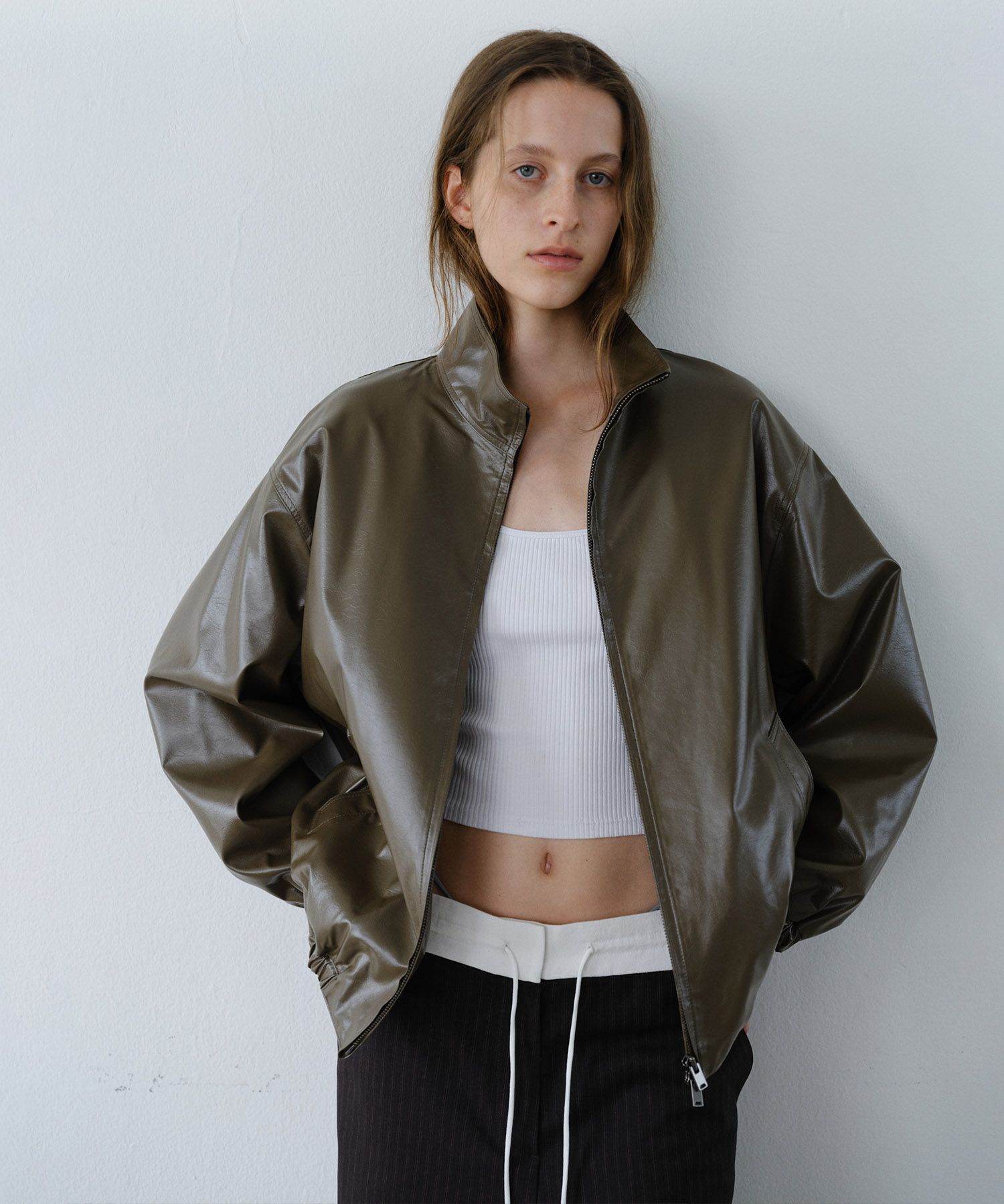 MUSINSA | EN OR HIGH NECK LEATHER BLOUSON - KHAKI