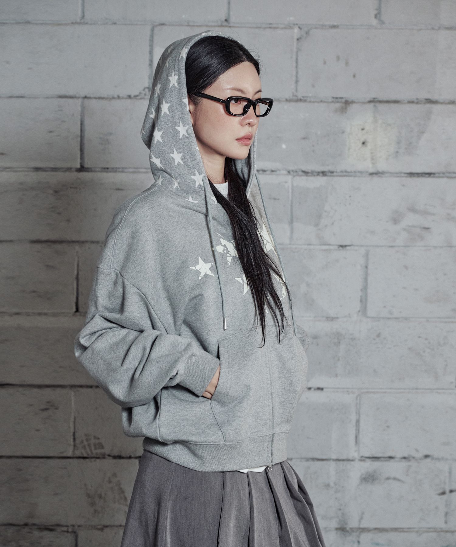 MUSINSA | LOSERS CLUB Star Graphic Two-Way Hooded Zip-Up Gray