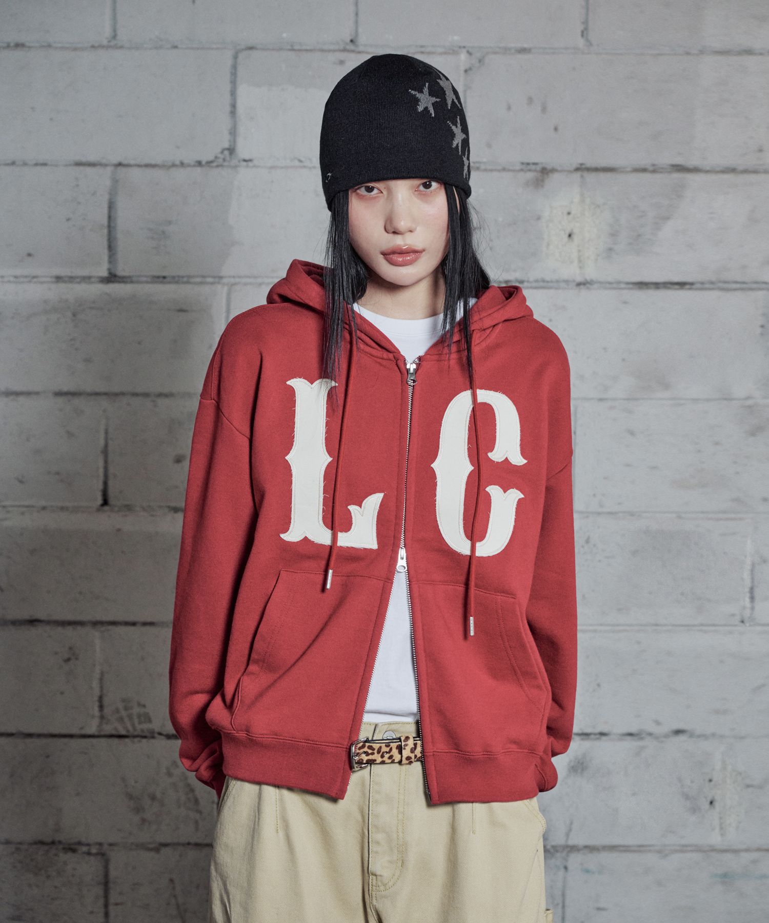 MUSINSA | LOSERS CLUB LC Logo Applique Two-Way Hooded Zip-Up Red