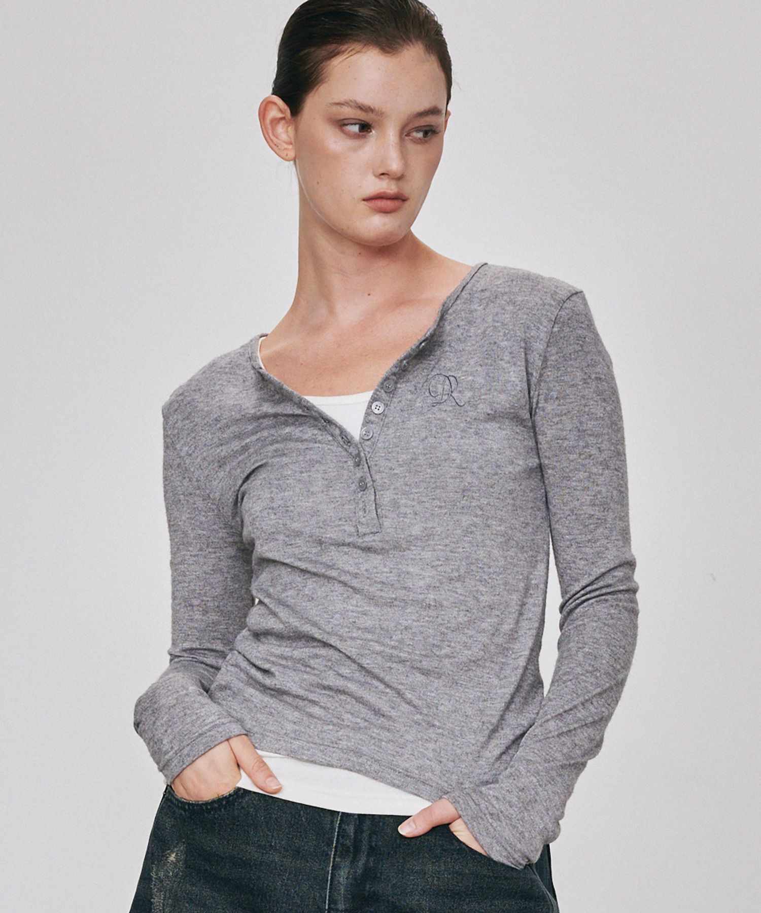MUSINSA | DEARMYDEER Dear DR Henley Neck Layered Long Sleeve (Gray)