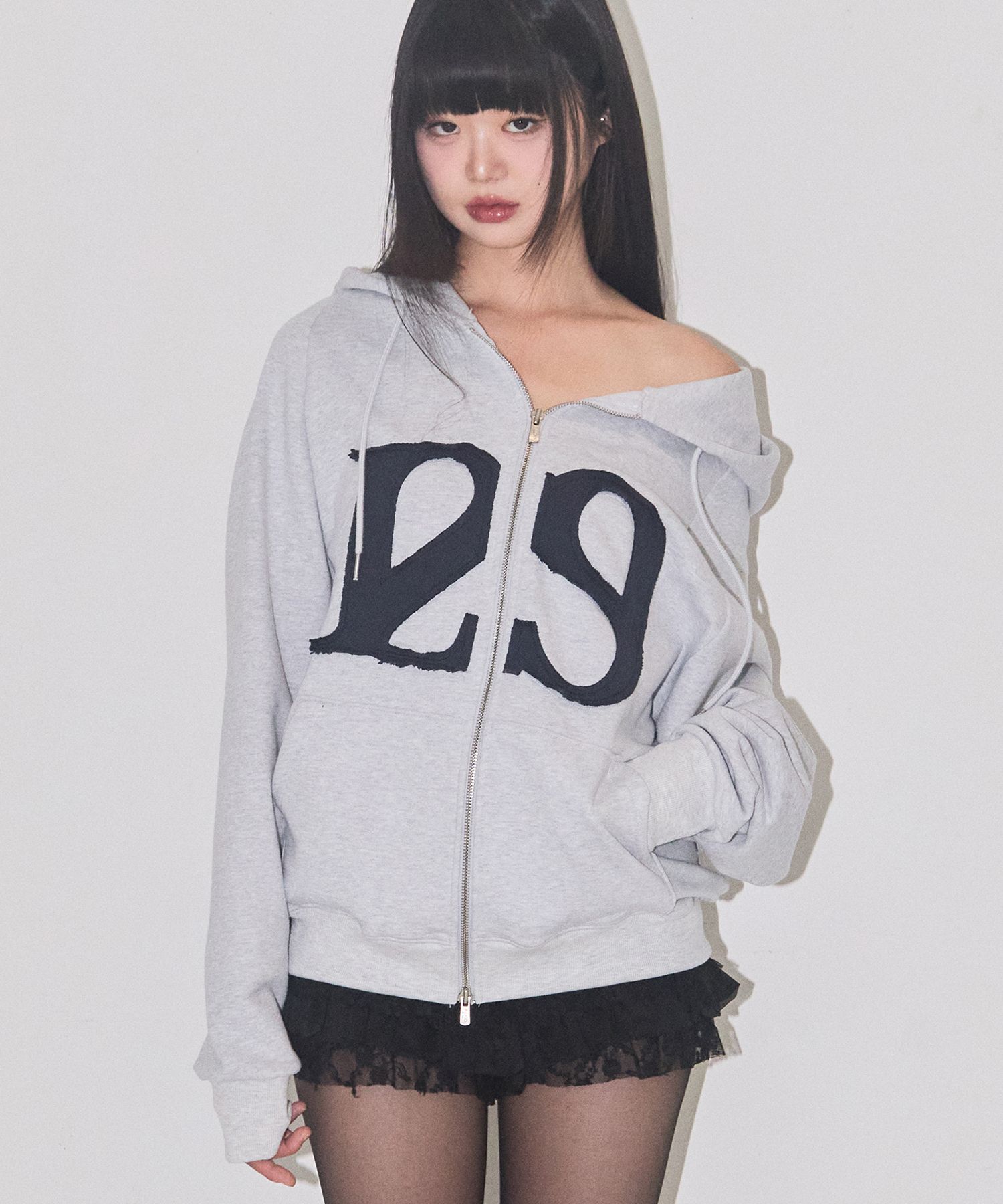 MUSINSA | ILLIGO 129 Logo Patch Hoodie Zip-Up White Melange