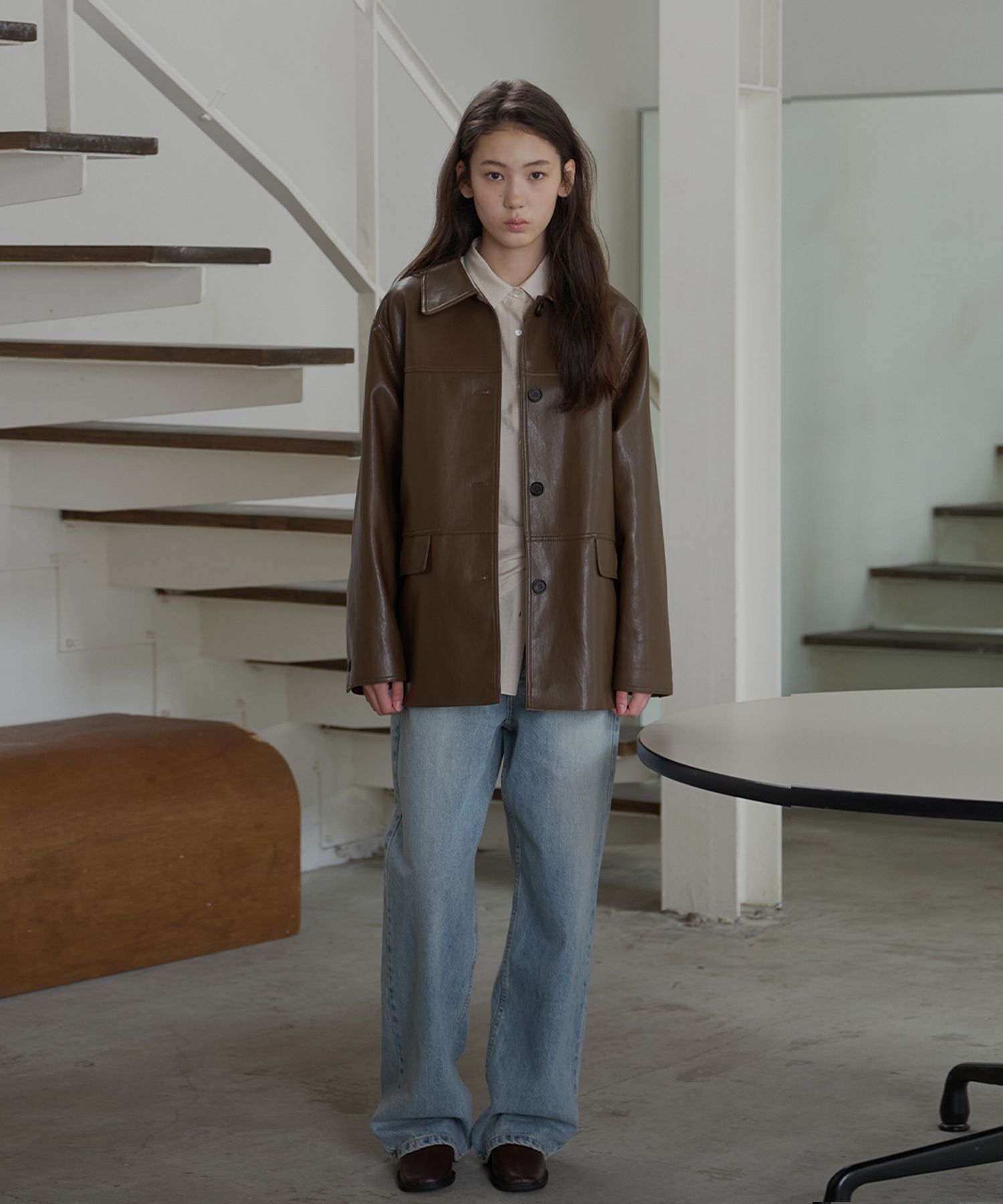 MUSINSA BUT'TON Leather Half Coat (Brown)