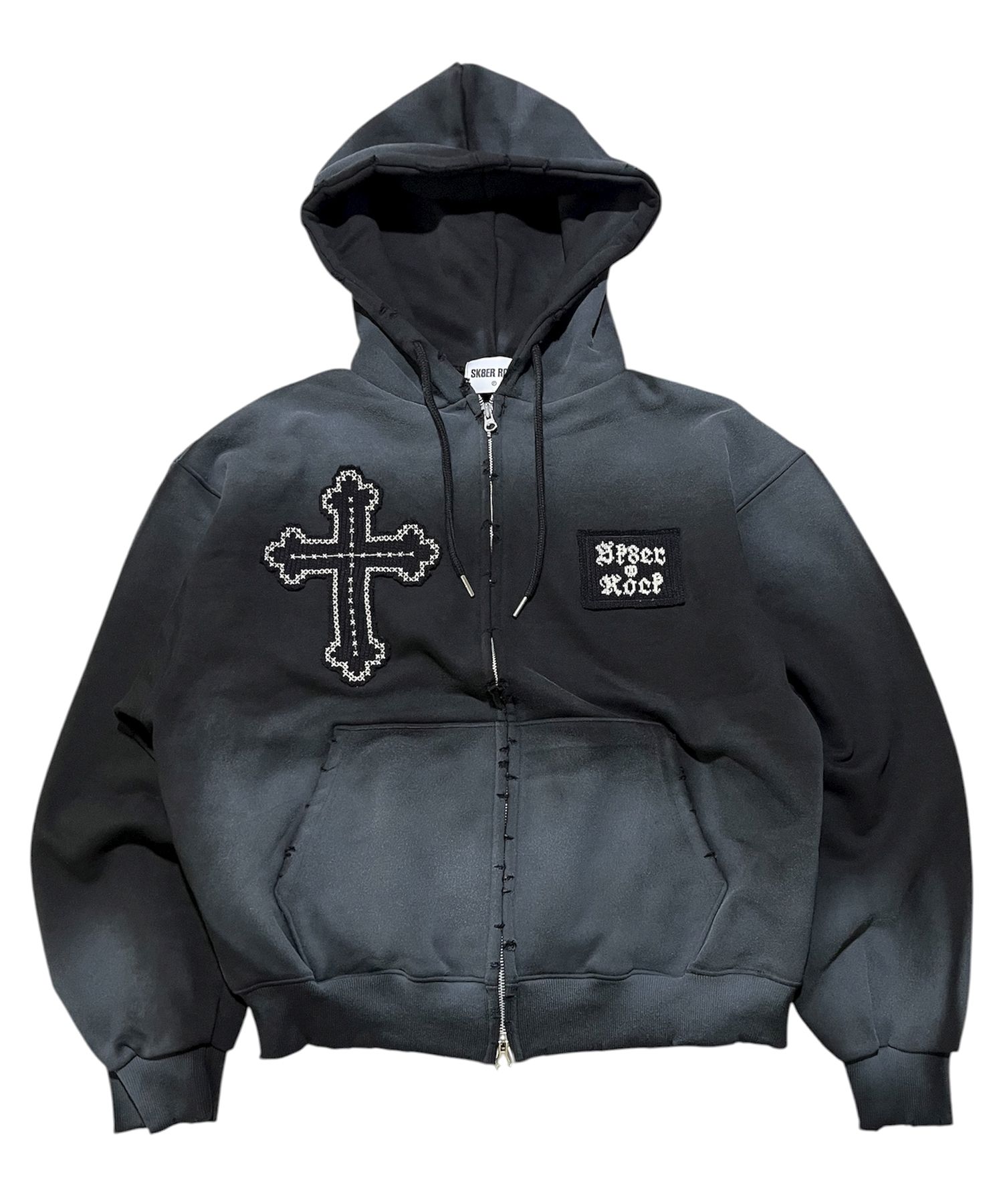 MUSINSA公式 | SK8ER ROCK Cross-Stitch Grunge Hood Zip-Up ((black))