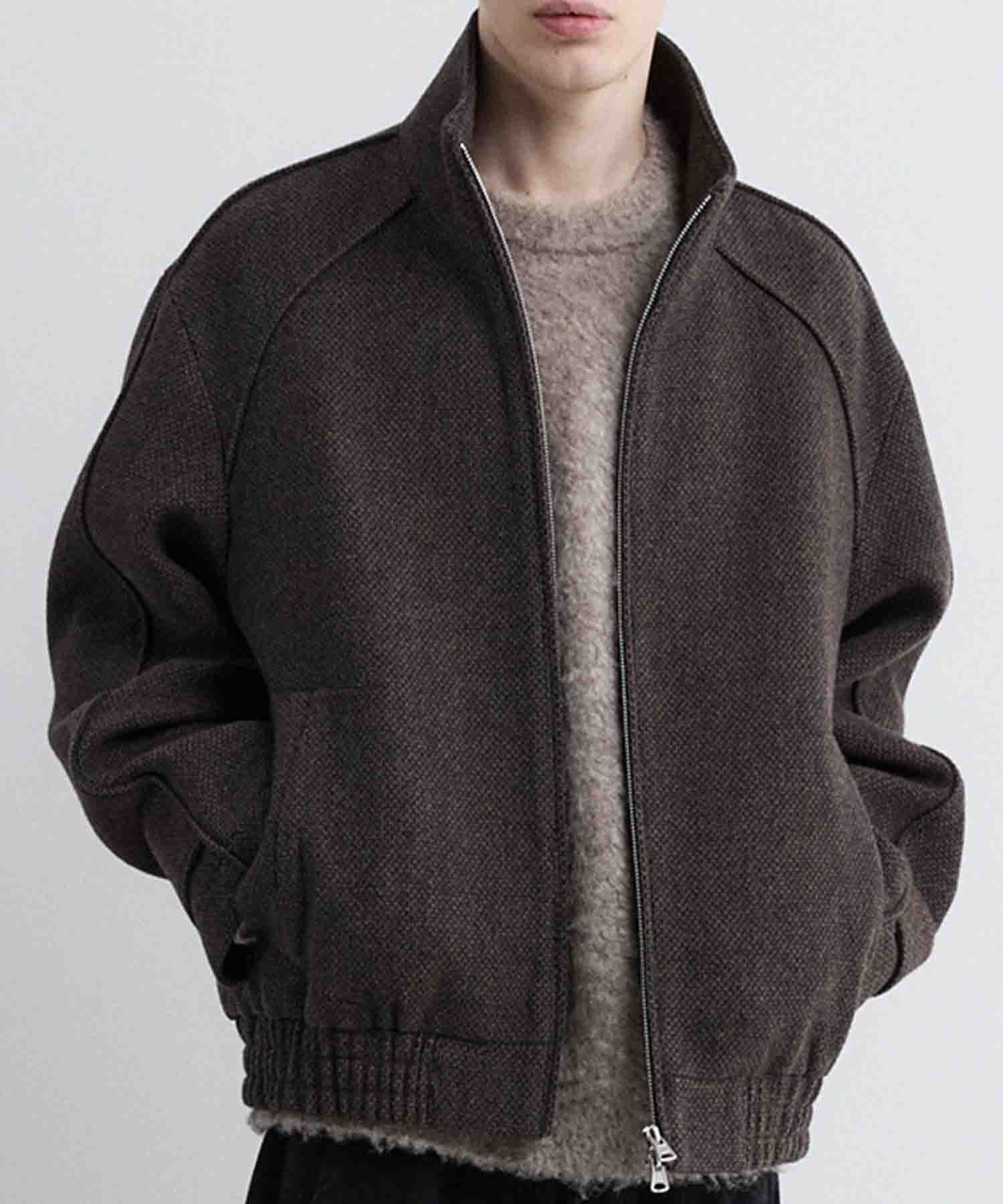 MUSINSA | FABREGAT Tweed Wool High Neck Blouson Jacket (Dark Brown)