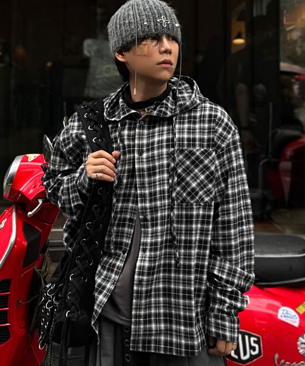 MUSINSA公式 | LXT コットンチェックフードオーバーシャツ