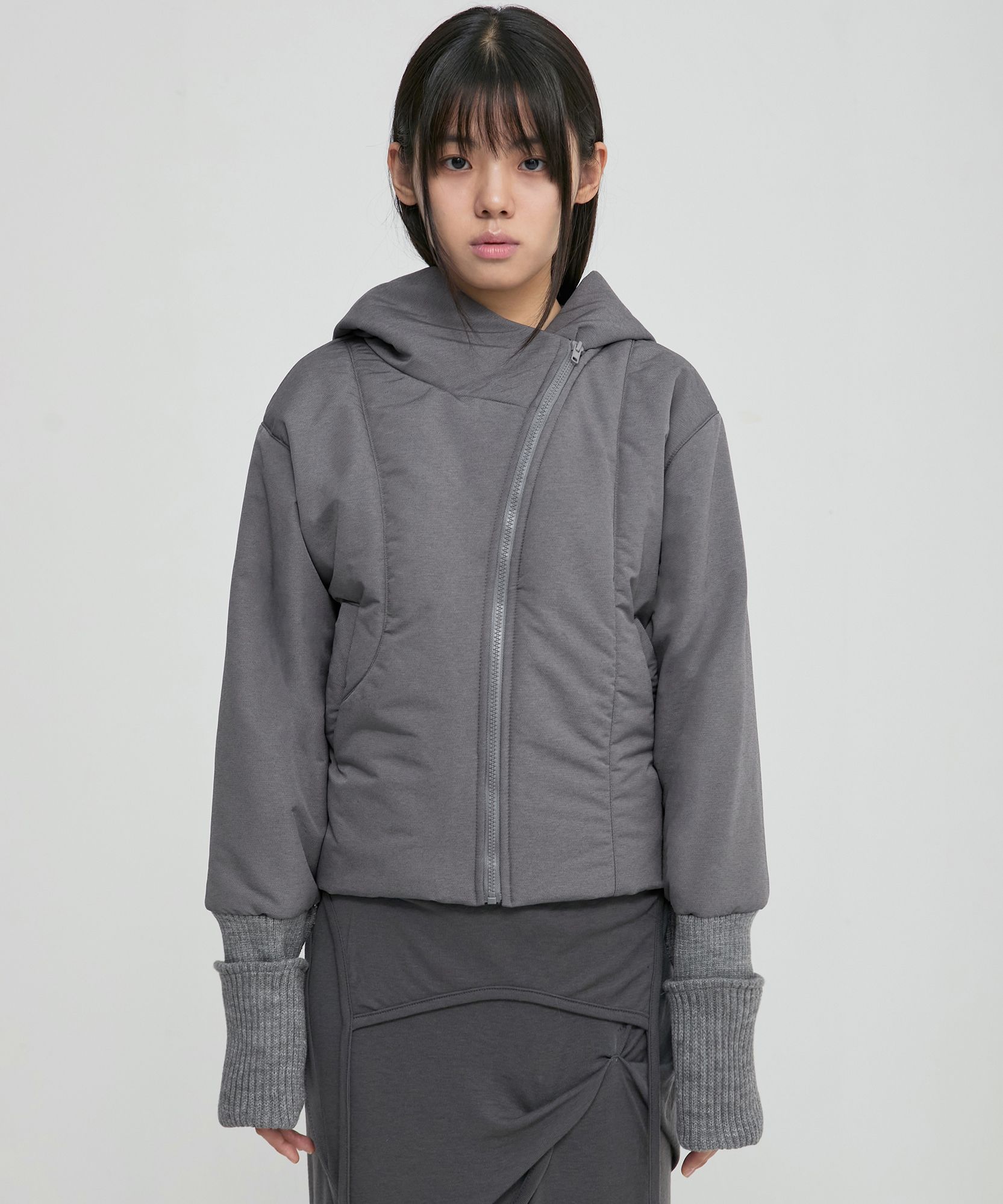 MUSINSA | FLAREUP Hooded Asymmetrical Puffer Jacket (FL-053_Gray)