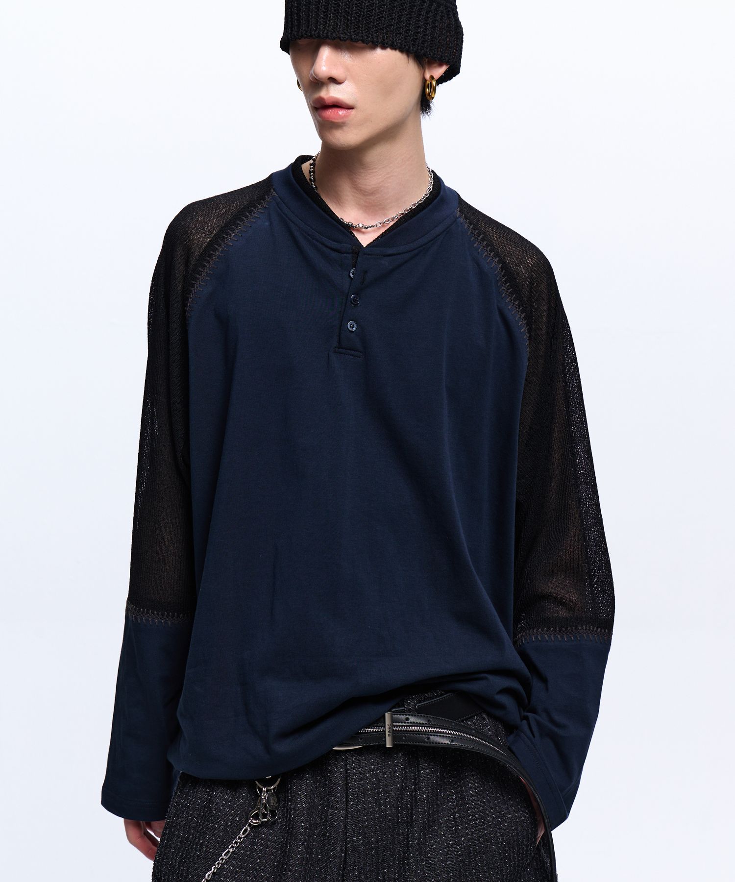 MUSINSA公式 | RSSC STITCHED KNIT ARM HENLEY NECK LONG SLEEVE - NAVY