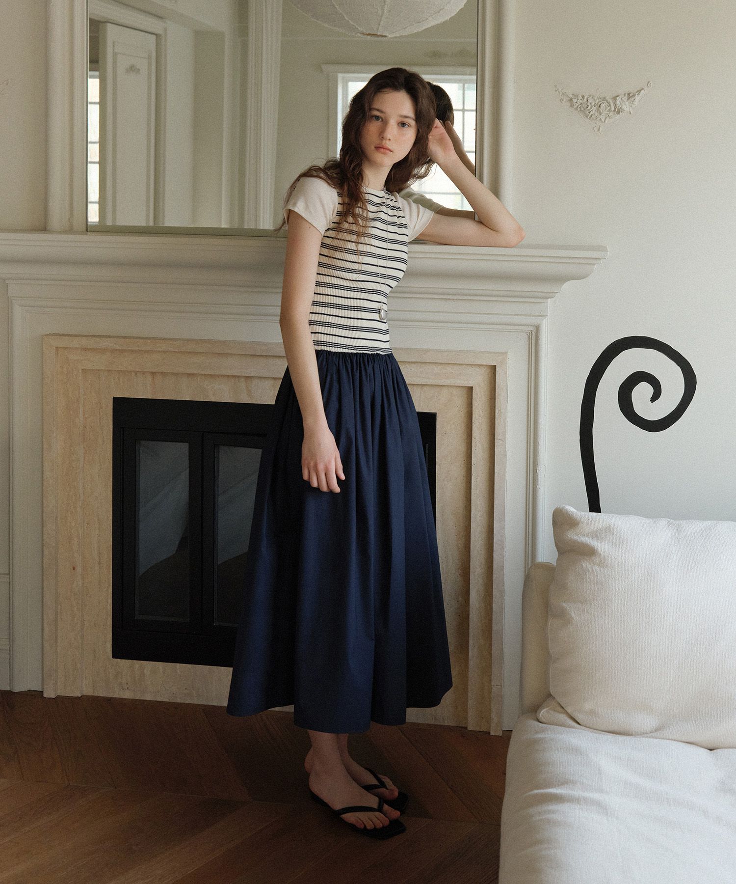 MUSINSA | FOR YOUR EYES ONLY Tia Shirring Maxi Dress (Navy Stripe)