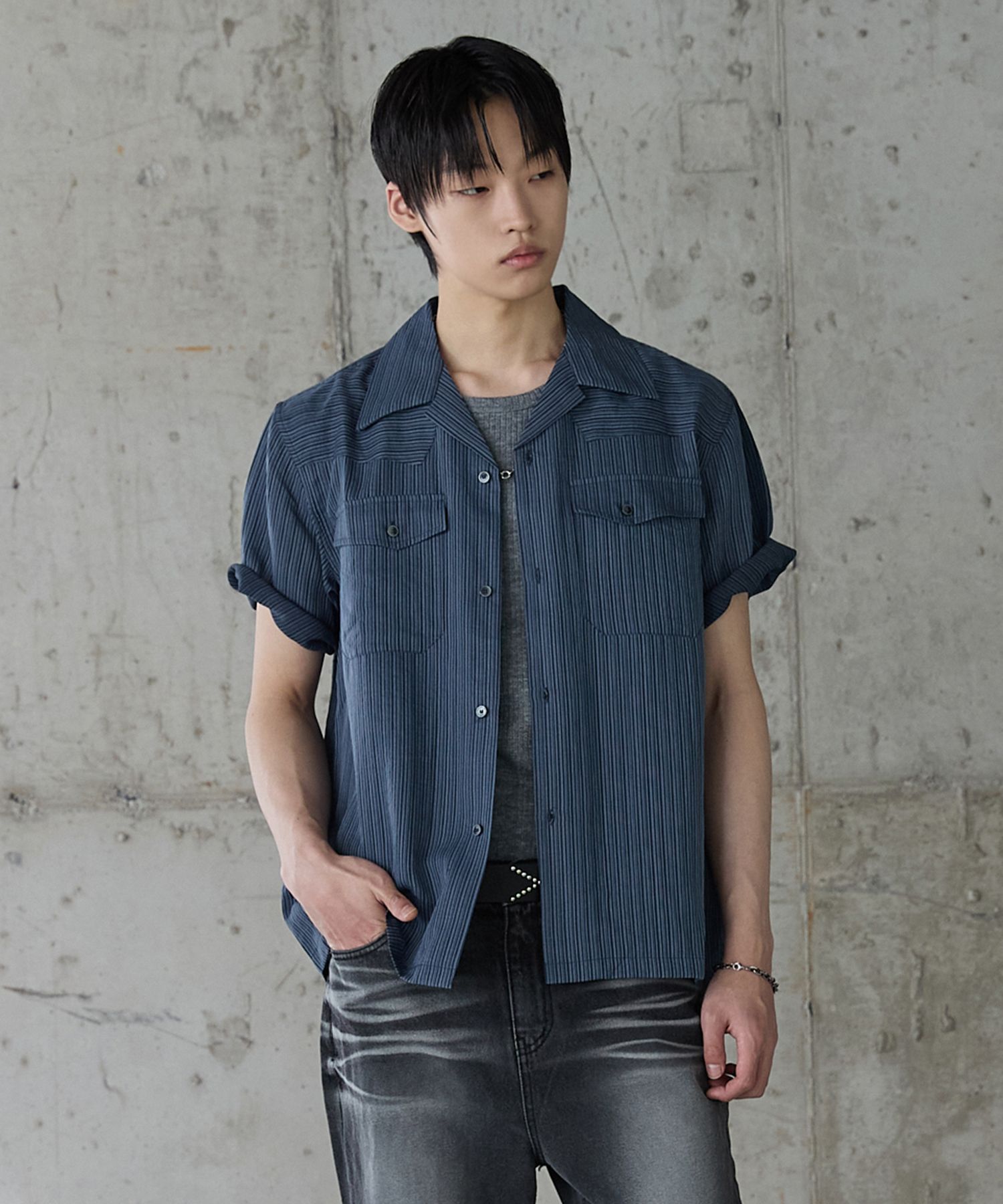 MUSINSA | P.IN.O Western Open Collar Half Shirt - Navy