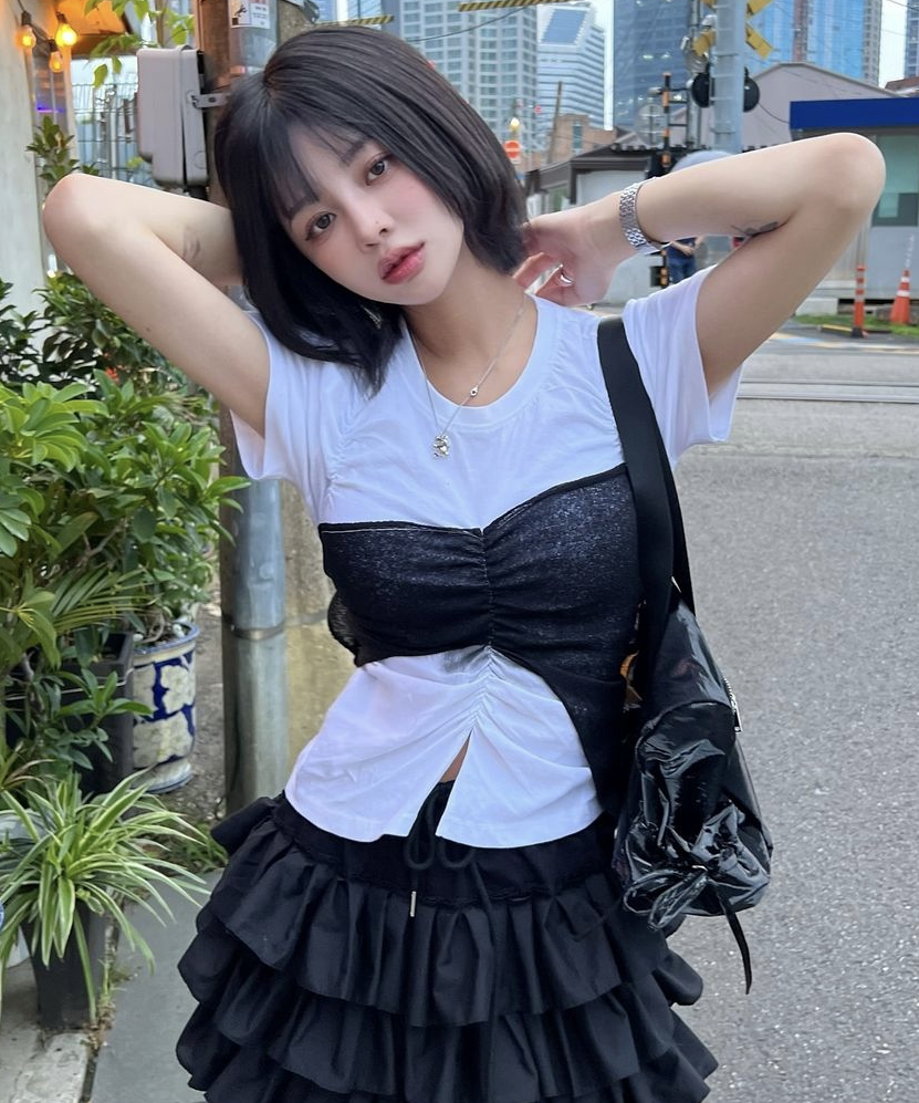 ★FLARE UP★ Bustier Layered TShirt FL122BlackBlack Bustier Layered T-Shirt (FL-122_Black&Charcoal) - FLAREUP