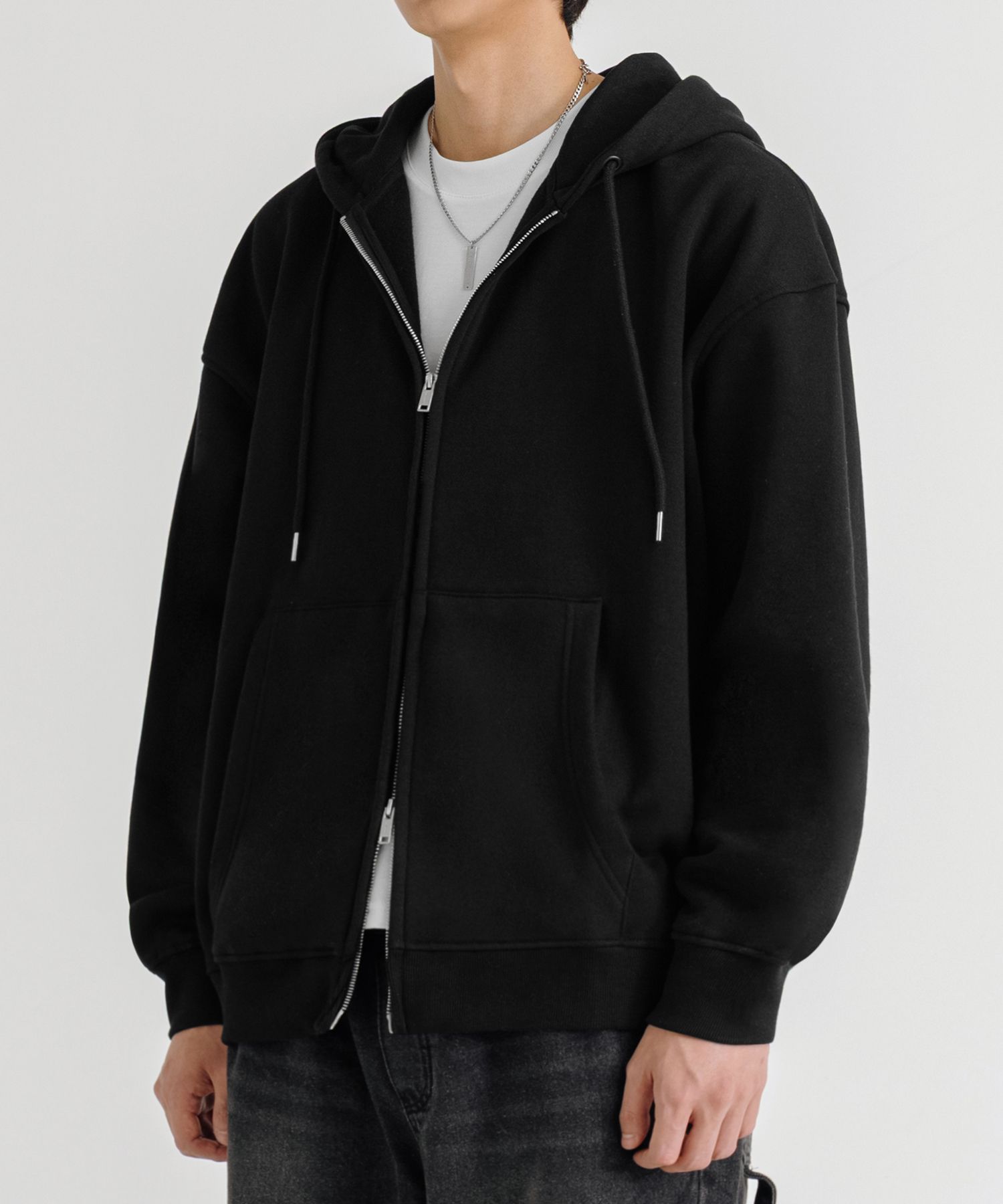 ②hamu Men's Washed Full Zip Hoodie Loose Fit Time Capsule Light Grey