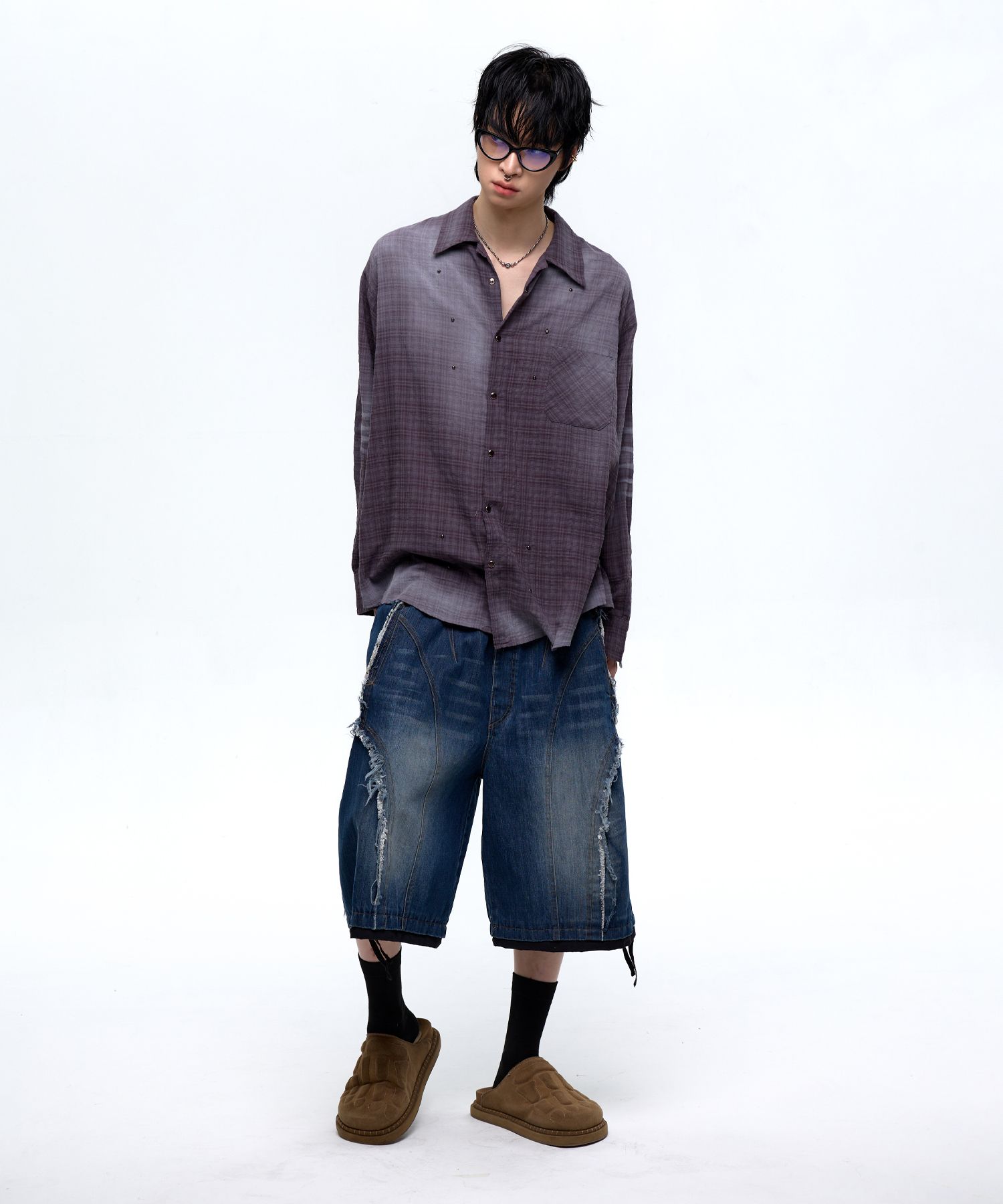 MUSINSA | RSSC STUD CAT WASHING CHECK SHIRT - ASH PURPLE