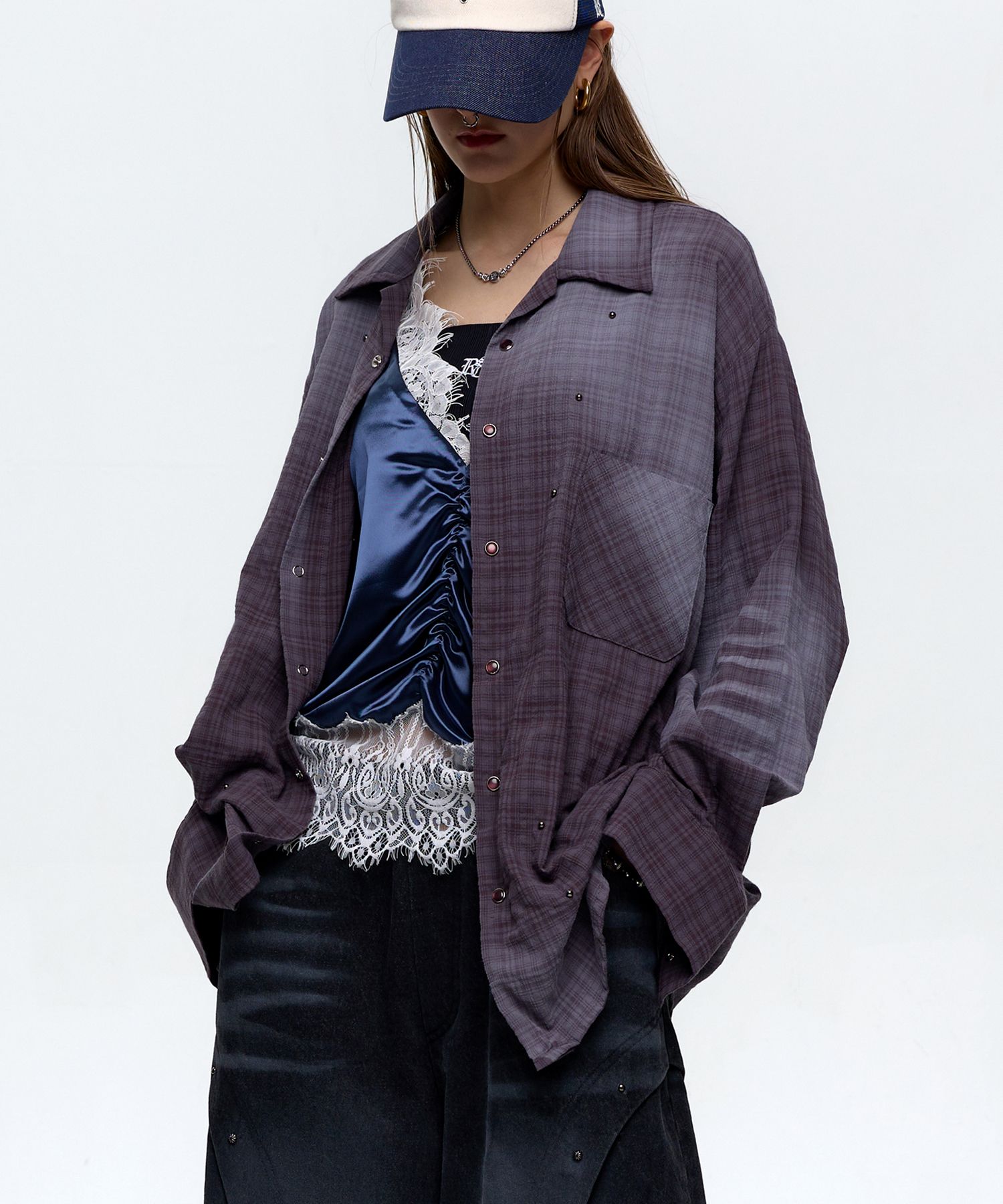 ■R.SHEMISTE■ STUD CAT WASHING CHECK SHIRT ASH PURPLE MUSINSA | RSSC STUD CAT WASHING CHECK SHIRT - ASH PURPLE