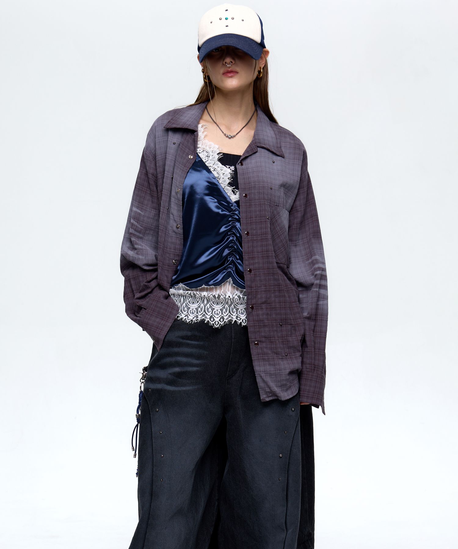 ■R.SHEMISTE■ STUD CAT WASHING CHECK SHIRT ASH PURPLE MUSINSA | RSSC STUD CAT WASHING CHECK SHIRT - ASH PURPLE