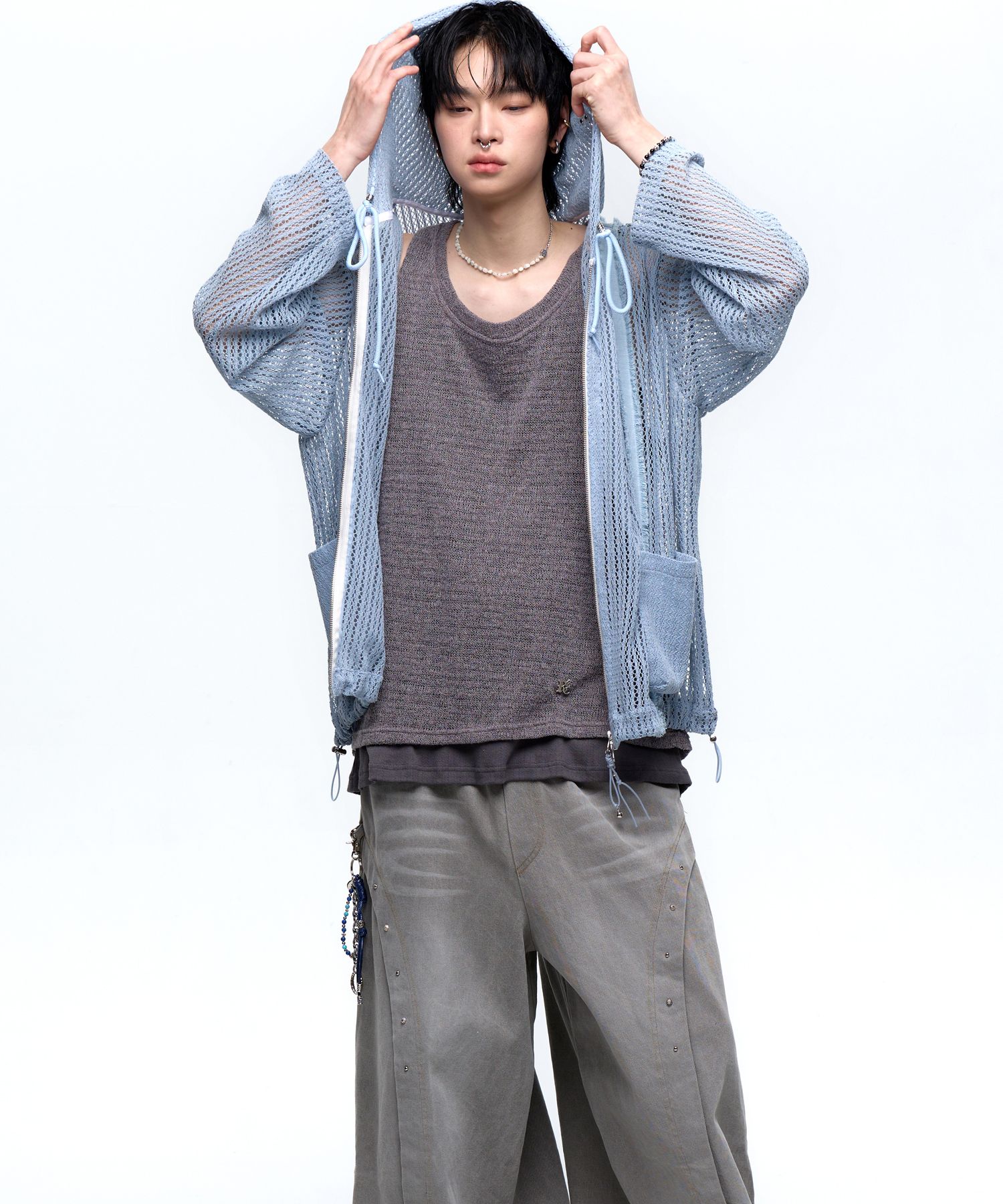 ●RSSC● DENIM PATCHED KNIT HOOD ZIP UP - IVORY / unisex MUSINSA公式 | RSSC [PERSONAL SPACE] DENIM PATCHED KNIT HOOD