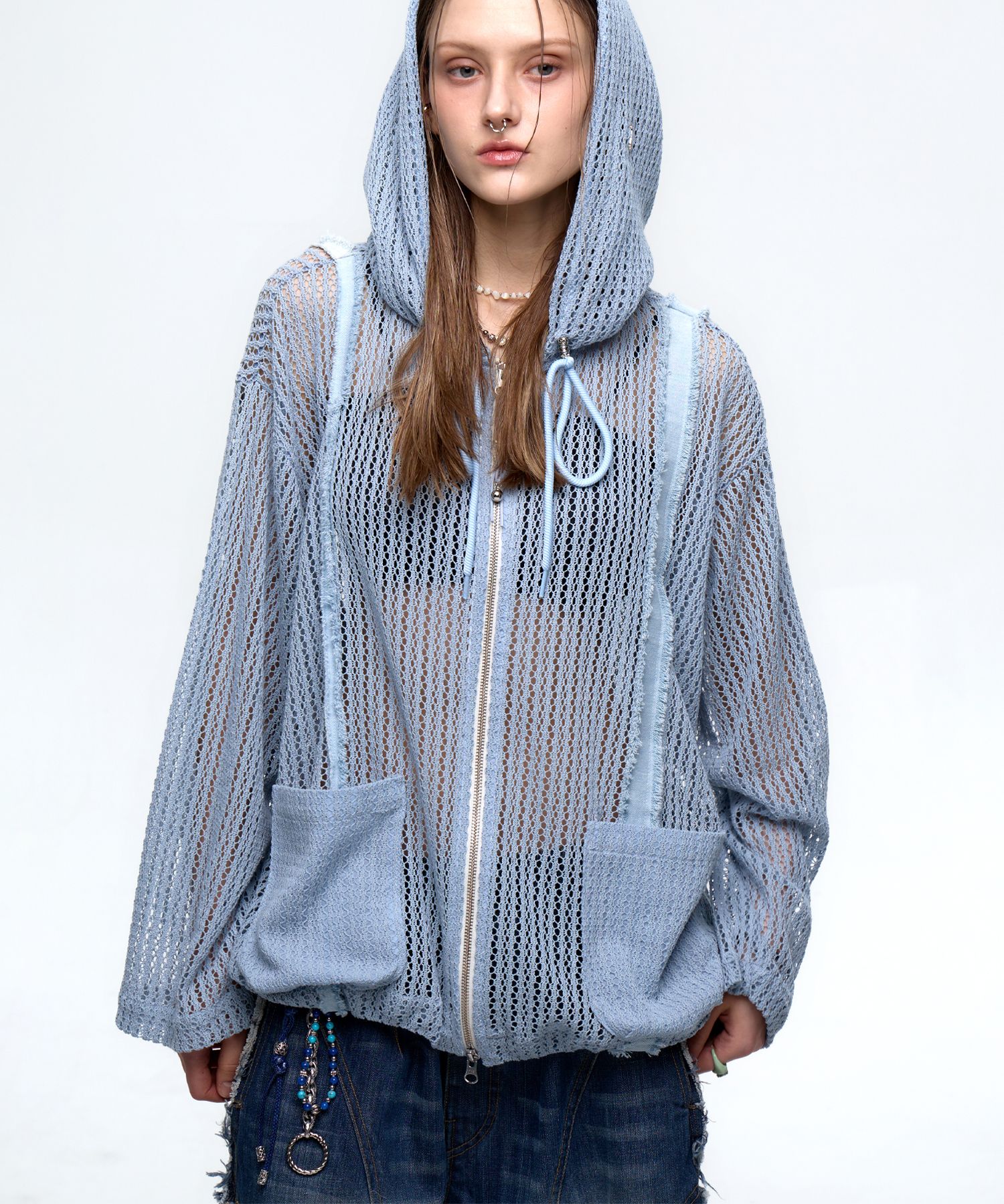 ●RSSC● DENIM PATCHED KNIT HOOD ZIP UP - IVORY / unisex MUSINSA公式 | RSSC [PERSONAL SPACE] DENIM PATCHED KNIT HOOD