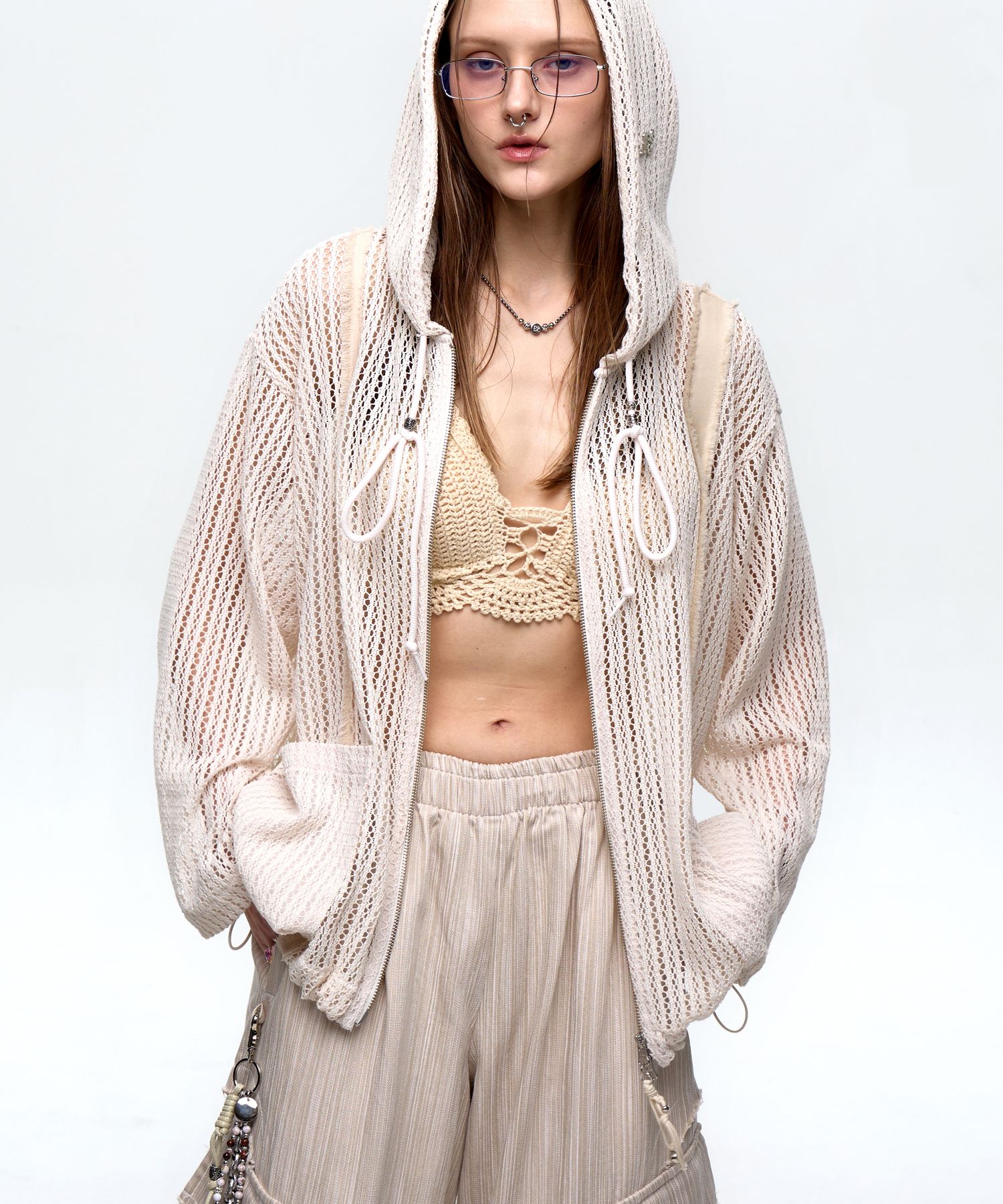 RSSC ■ DENIM PATCHED KNIT HOOD ZIP UP MUSINSA | RSSC DENIM PATCHED KNIT HOOD ZIP UP - IVORY