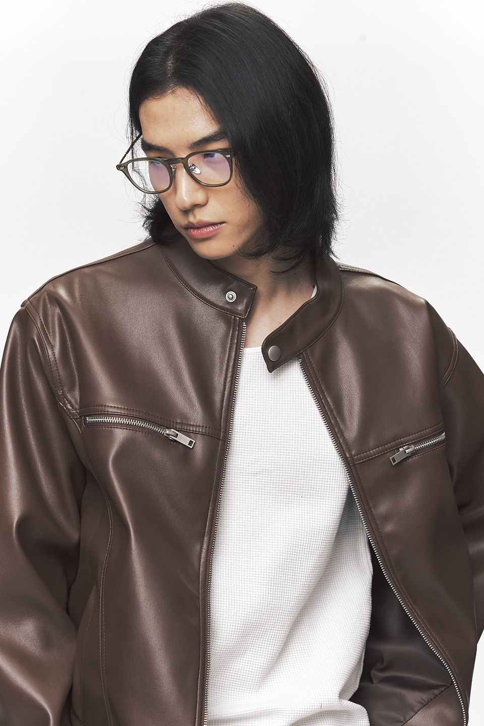 MUSINSA | BLACK MOMENT Modern Vegan Leather Biker Jacket [Brown]