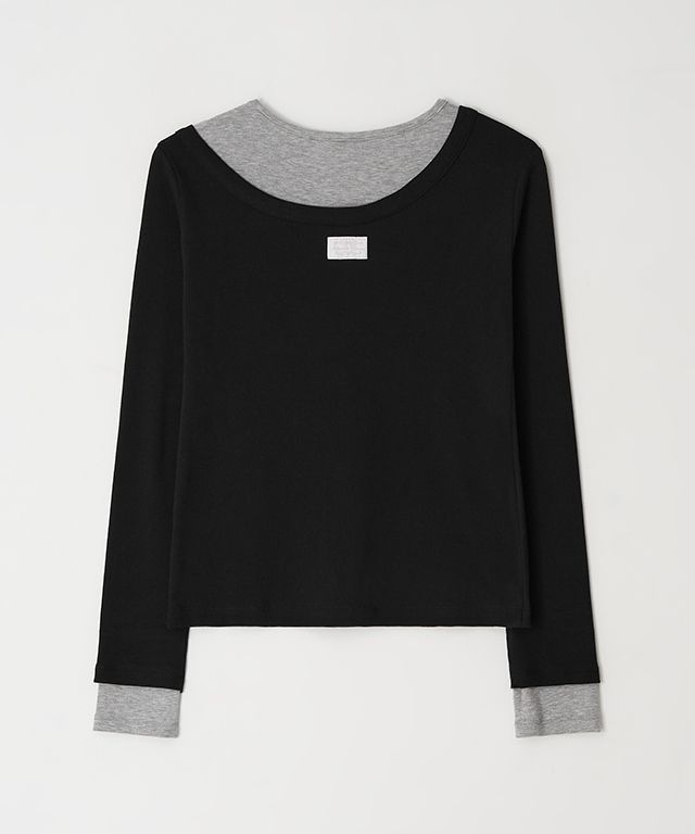 MUSINSA | RONRON UNBALANCE HEART BUTTON LAYERED T SHIRT BLACK