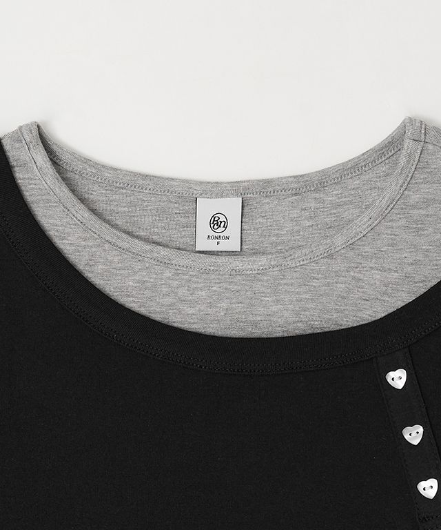 Tシャツ・カットソー RONRON UNBALANCE HEART BUTTON LAYERED T SHIRT BLACK MUSINSA | RONRON UNBALANCE HEART BUTTON LAYERED T SHIRT BLACK