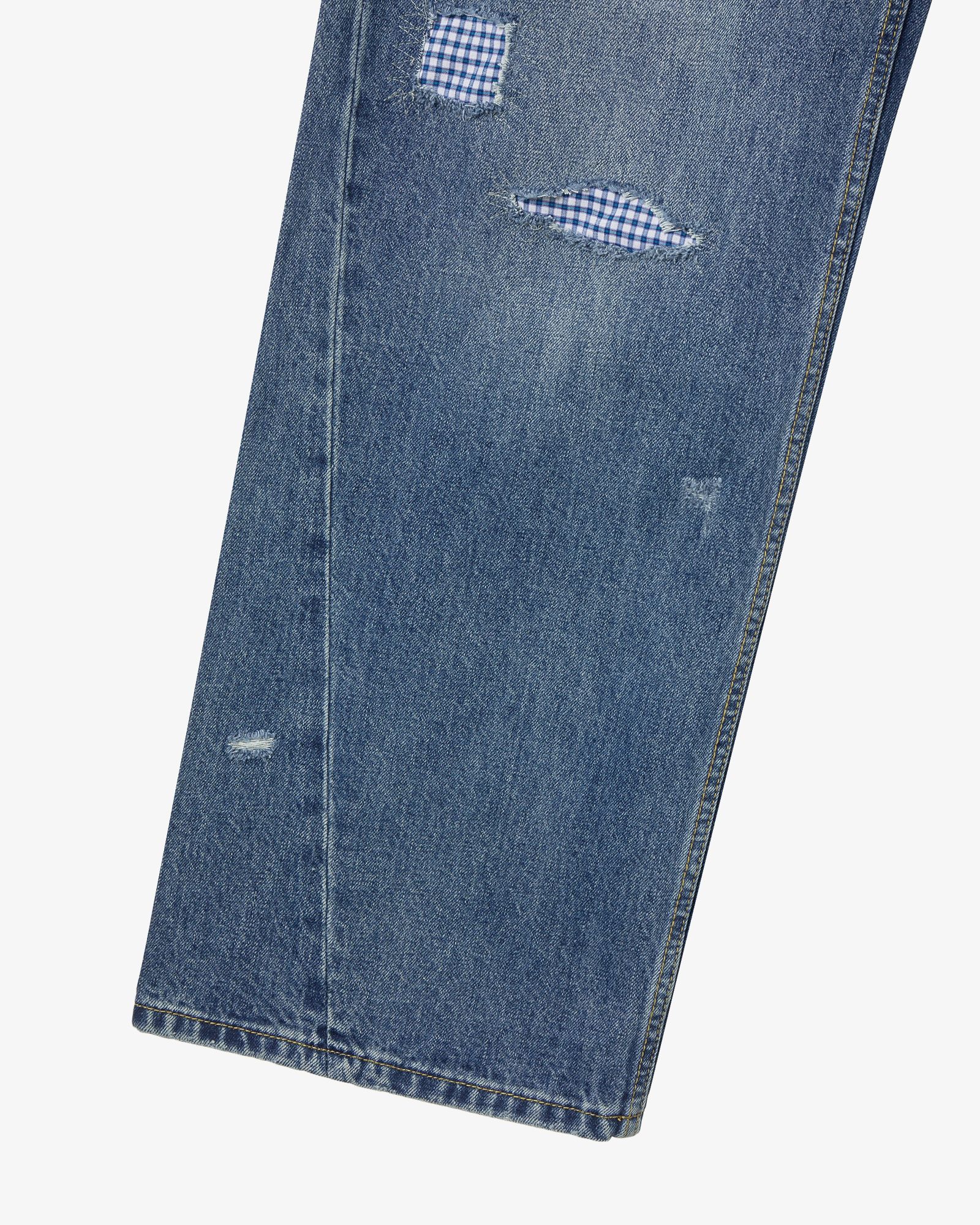 MUSINSA | AEAE CHECK PATCHWORK DENIM PANTS [MID BLUE]