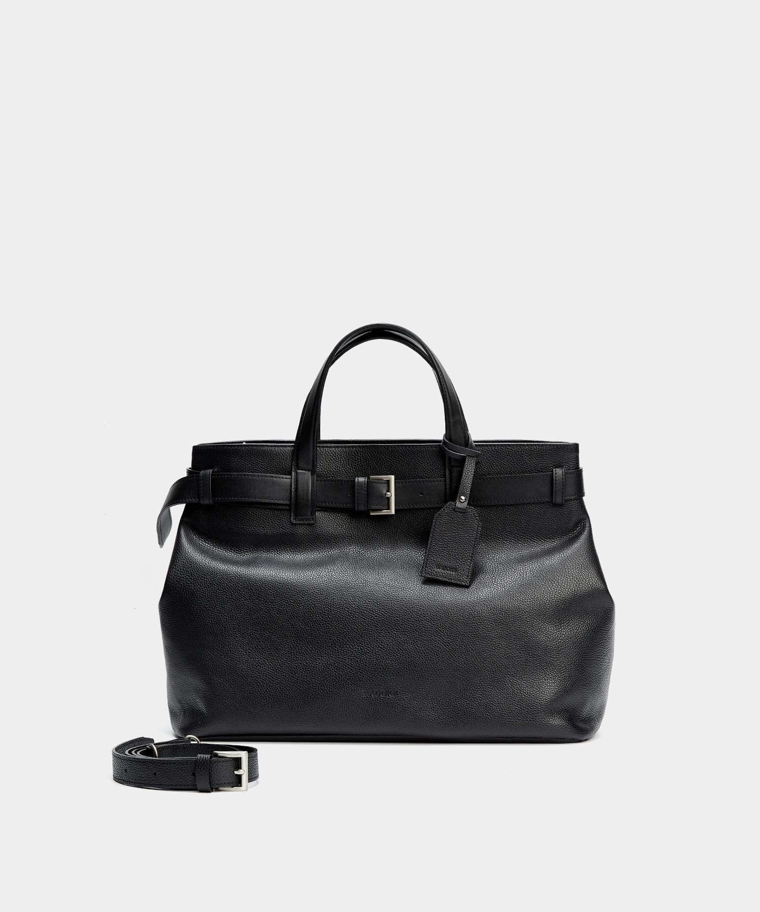 Belt leather tote bag, black