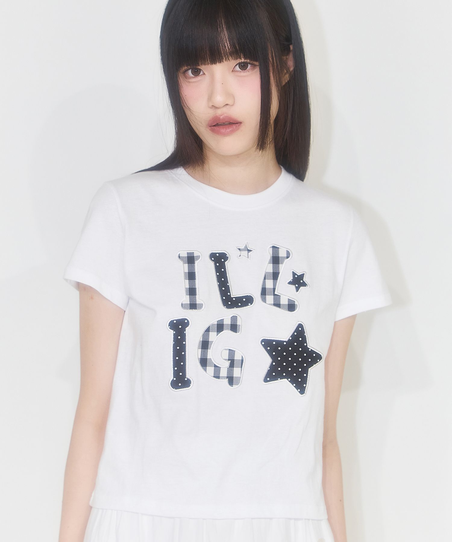 送料・関税込●ILLIGO●25SS CHECK APPLIQUE LOOSE CROP T-SHIRT MUSINSA公式 | ILLIGO Check Applique Loose Crop T-Shirt White