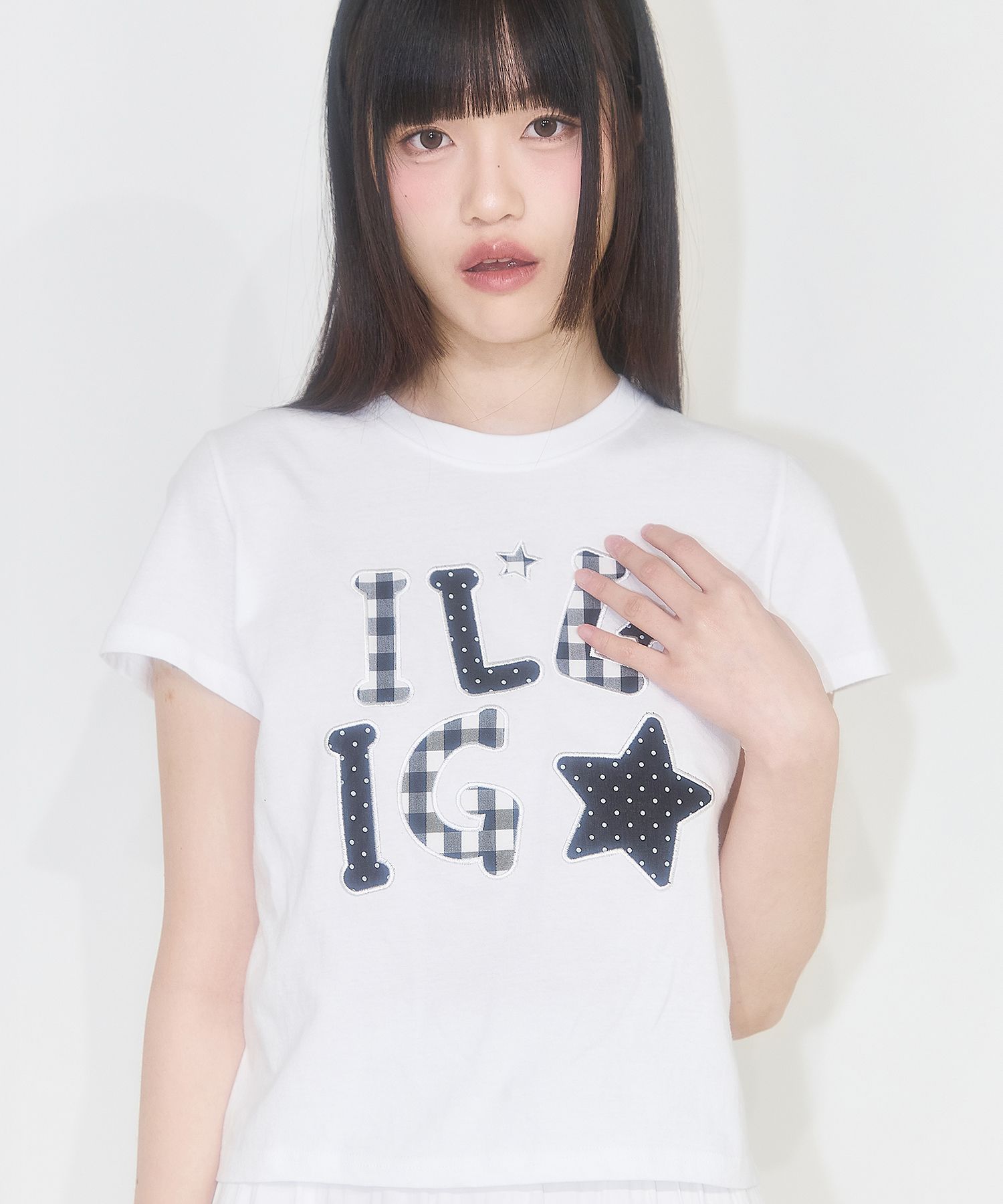 送料・関税込●ILLIGO●25SS CHECK APPLIQUE LOOSE CROP T-SHIRT MUSINSA公式 | ILLIGO Check Applique Loose Crop T-Shirt White