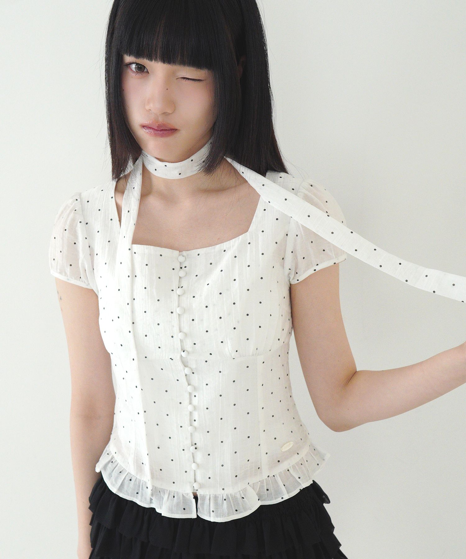 トップス ILLIGO Ribbon Tie Square Neck MUSINSA公式 | ILLIGO Ribbon Tie Square Neck Blouse - Gray