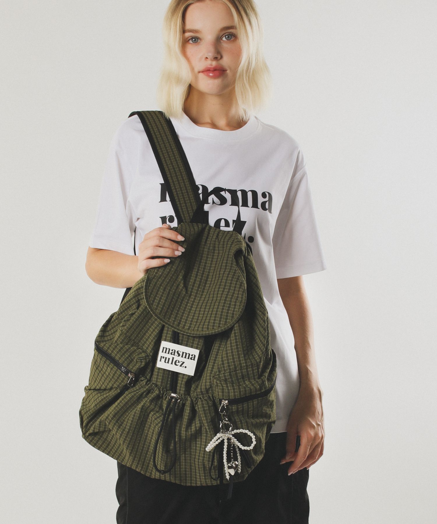 MUSINSA公式 | MASMARULEZ [INT] String flap backpack _ Check Khaki