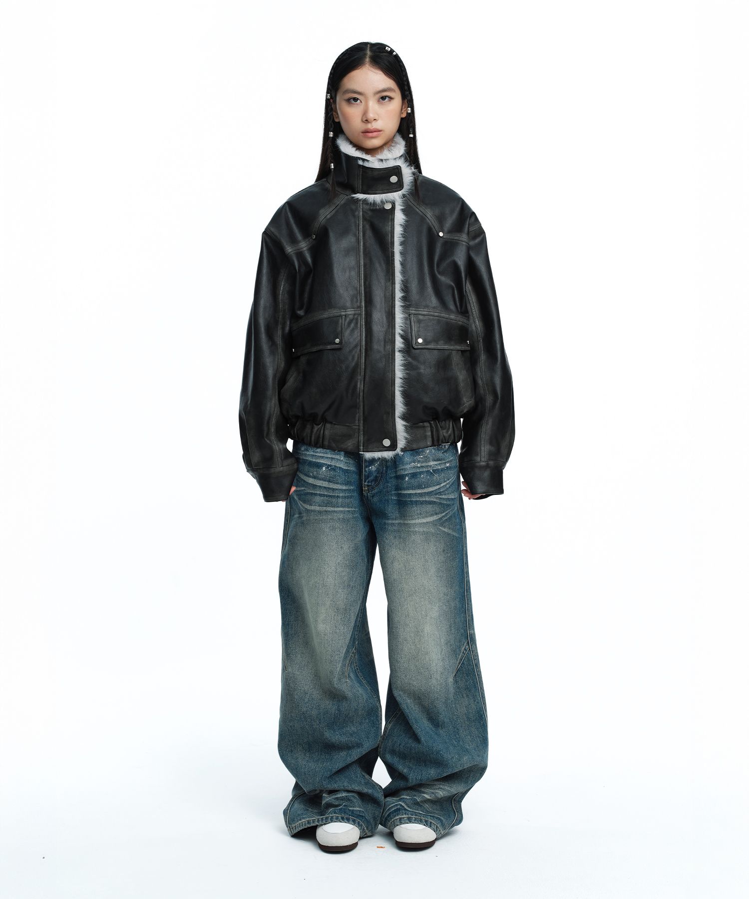 MUSINSA公式 | ROUGHNECK Washed Leather Mustang Jacket Gray