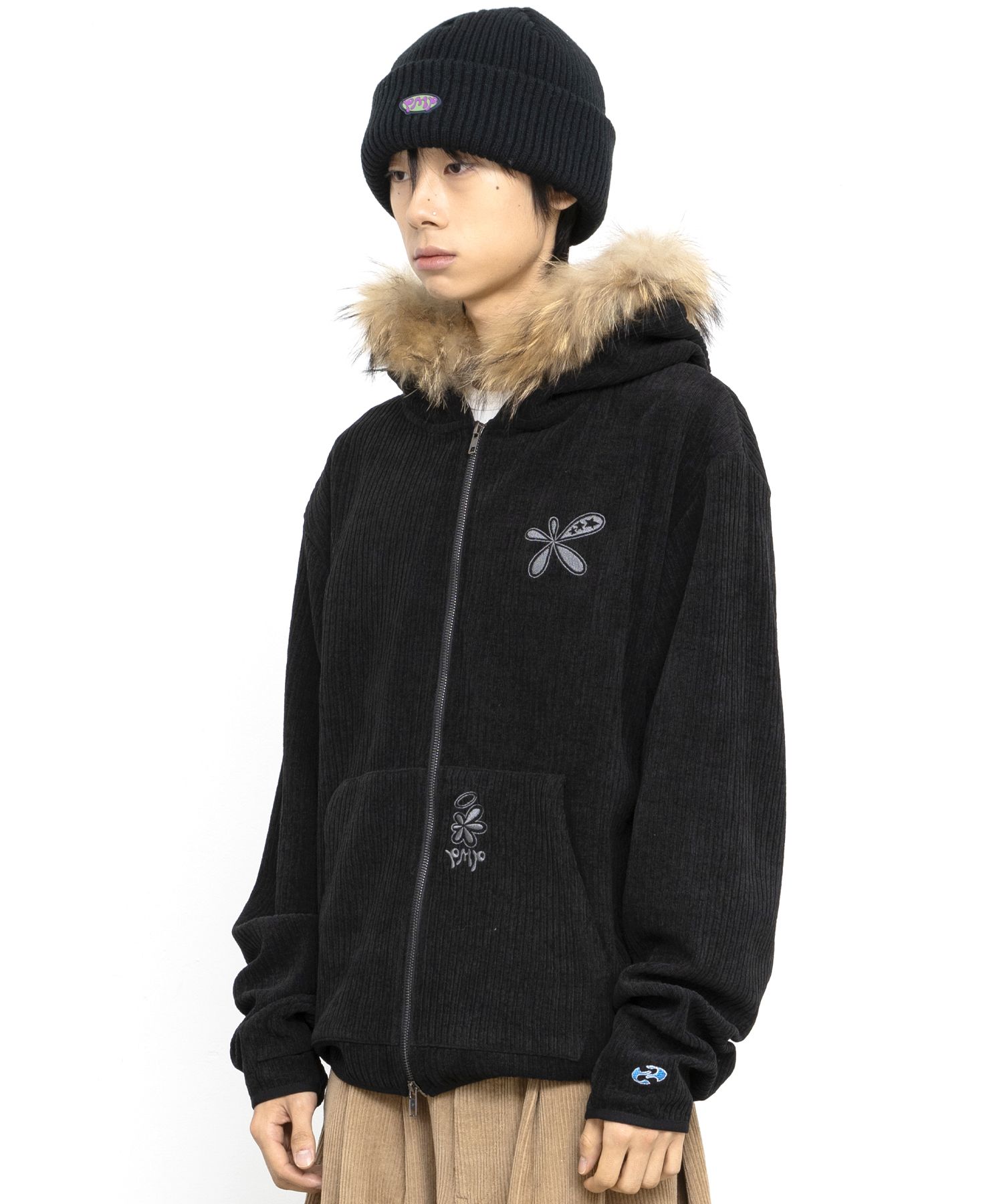 MUSINSA | GLACK GZHD002 Droflat Raccoon Fur Zip-Up Hoodie (BLACK)