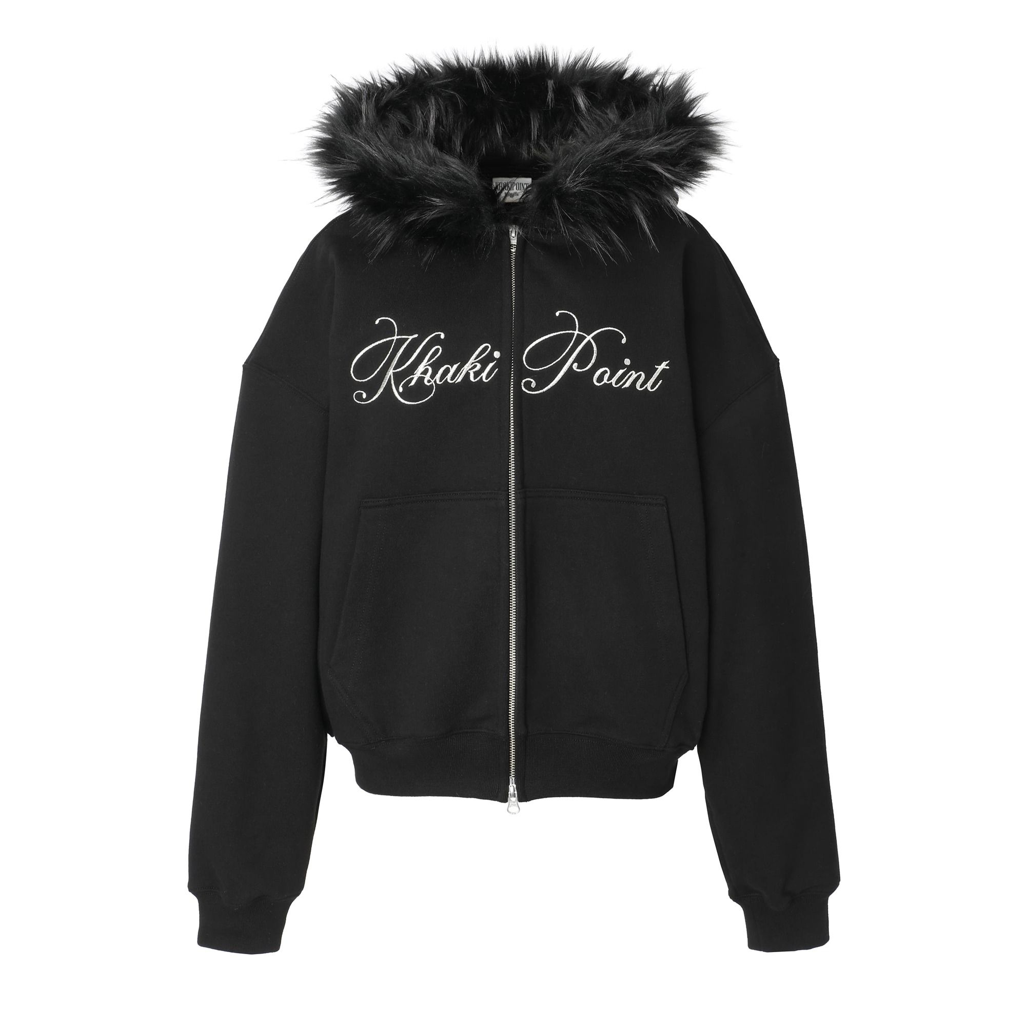 トップス chasooKHAKIPOINT Lettering Fur Hood MUSINSA | KHAKIPOINT Lettering Fur Hood Zip-up (black)