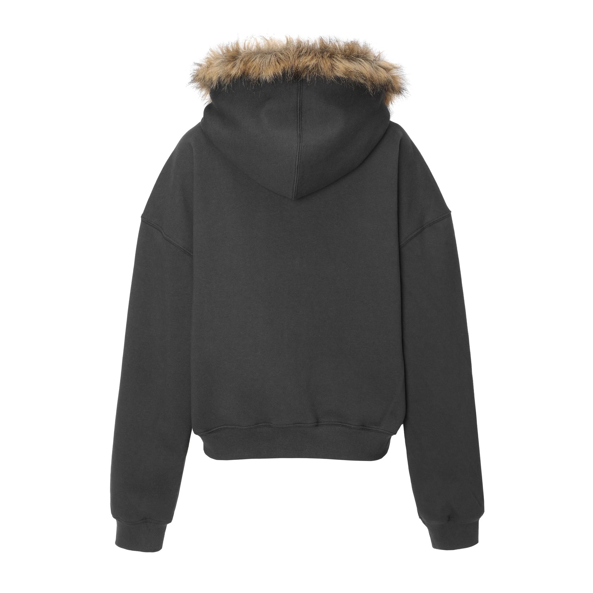 MUSINSA | KHAKIPOINT Lettering Fur Hood Zip-up (charcoal)