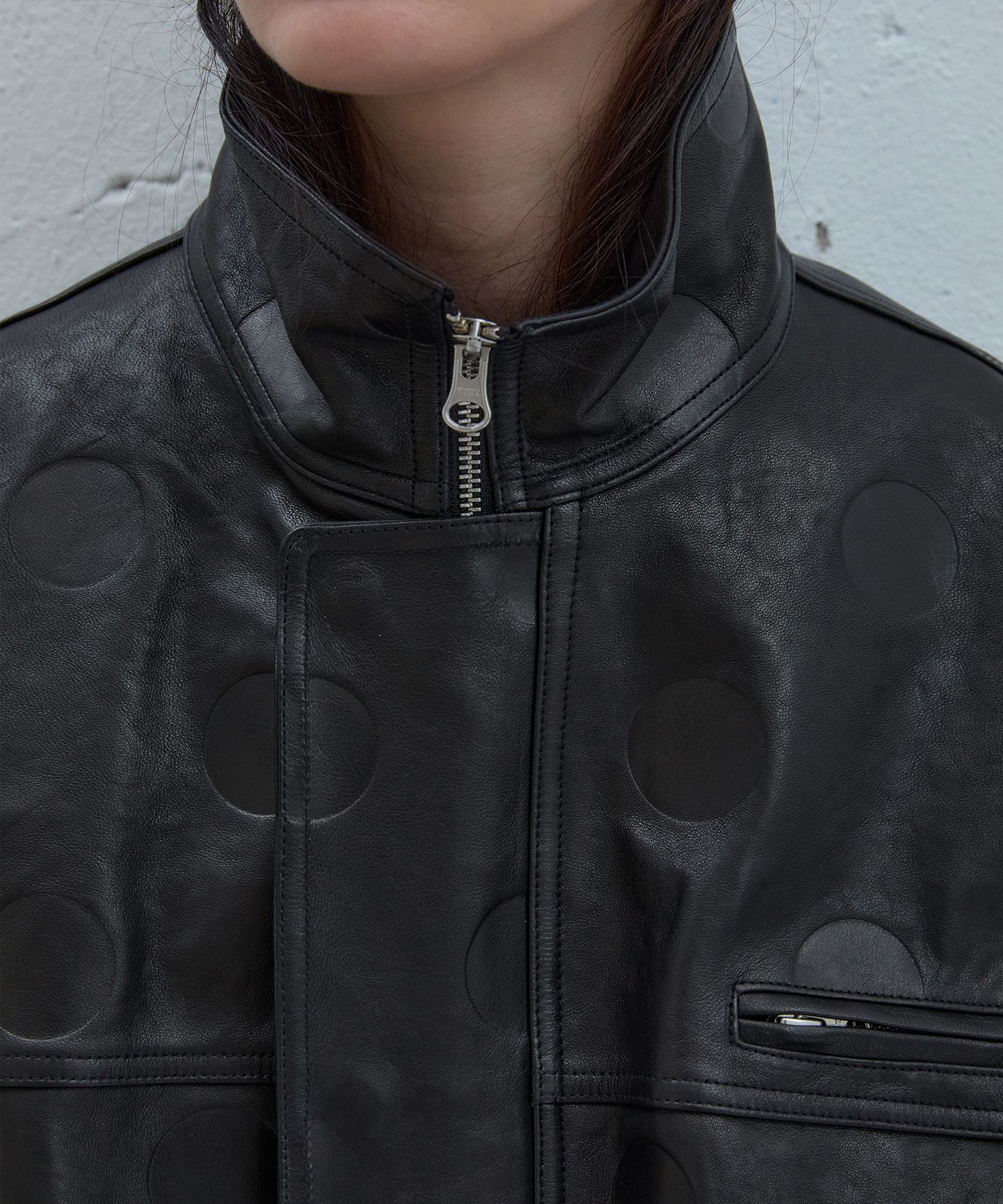 MUSINSA公式 | ANDROS Lamb Vegetable Leather Dot Bomber Jacket (Black)