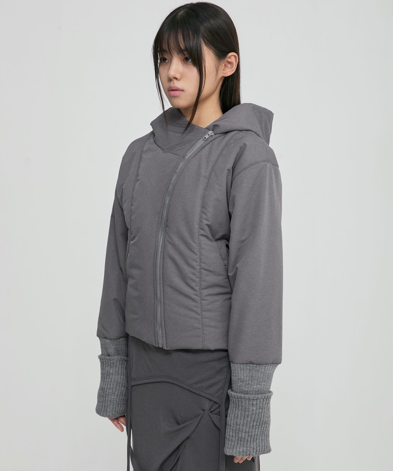 MUSINSA | FLAREUP Hooded Asymmetrical Puffer Jacket (FL-053_Gray)