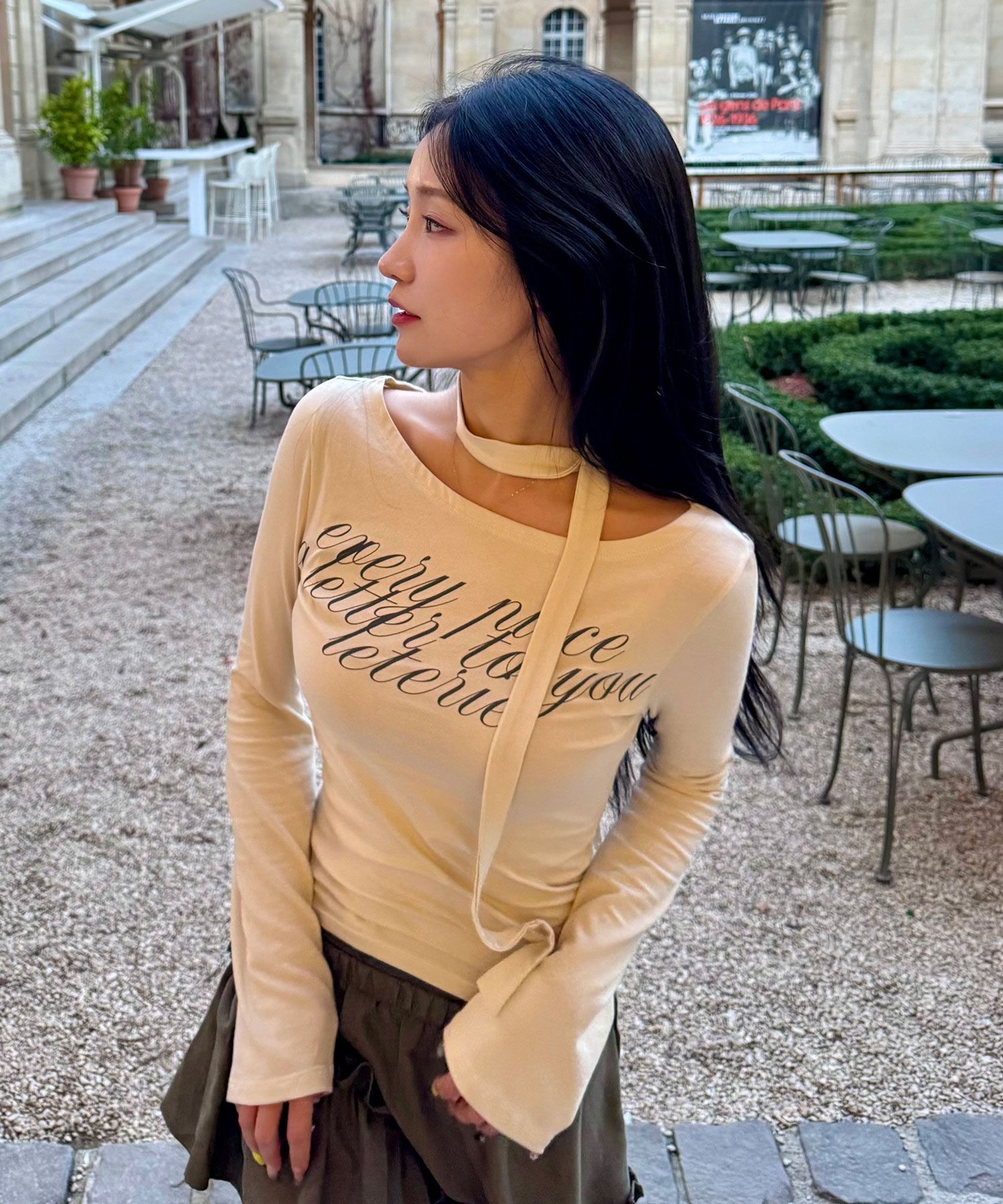 Leathery Lettering Slit Long Sleeve