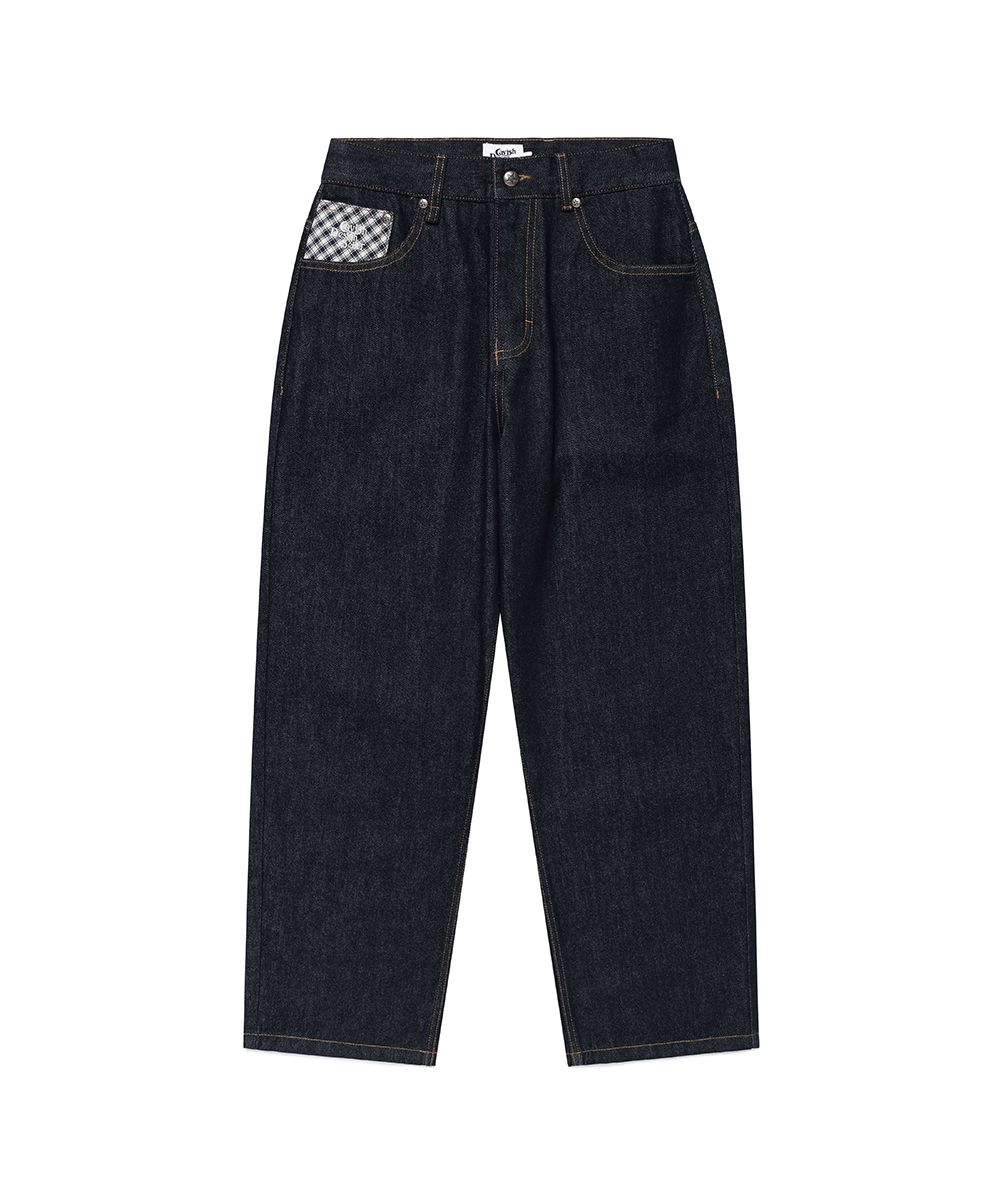CHECK APPLIQUE DENIM PANTS [BLUE]