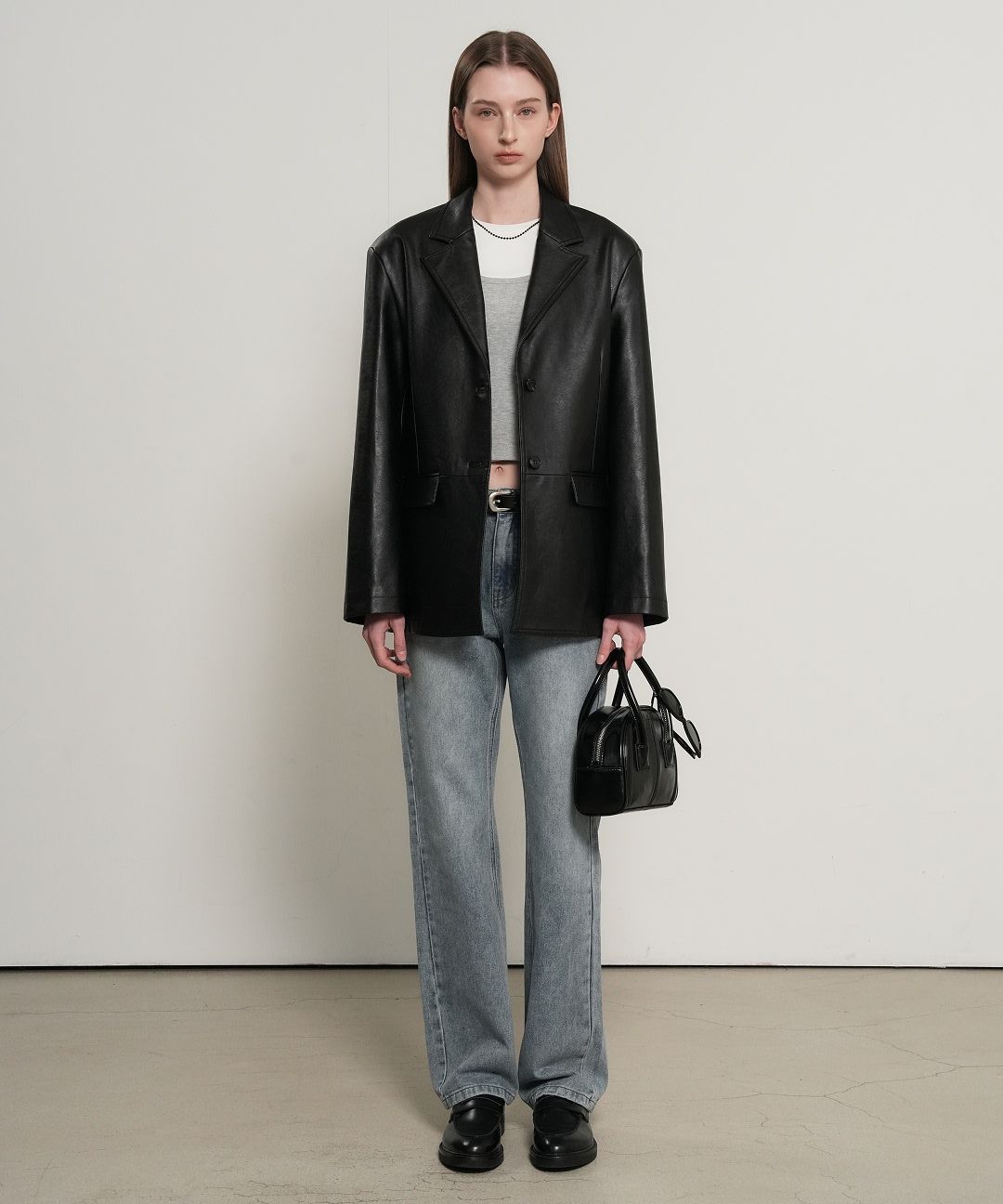 MUSINSA | GENERAL IDEA Oversized Fake Leather Single Jacket [BLACK
