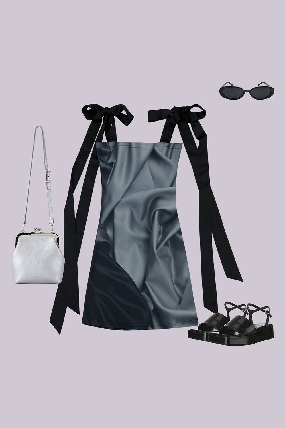 새틴 소재의 미니 원피스에 샌들을 매치하고 선글라스로 멋을 더한 걸리시 룩 #모노톤 #컬러블록 #새틴 #메탈릭 #여름 #걸리시