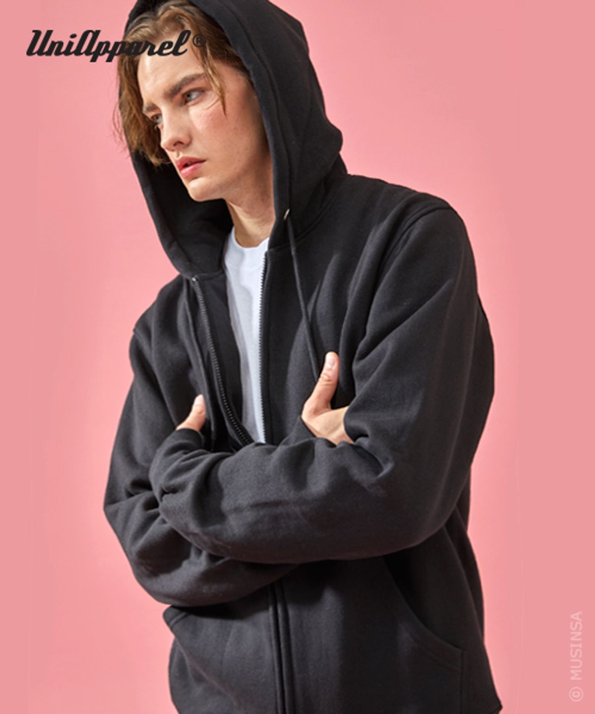 유니어패럴(UNI APPAREL) 베이직 기모 후드집업 블랙