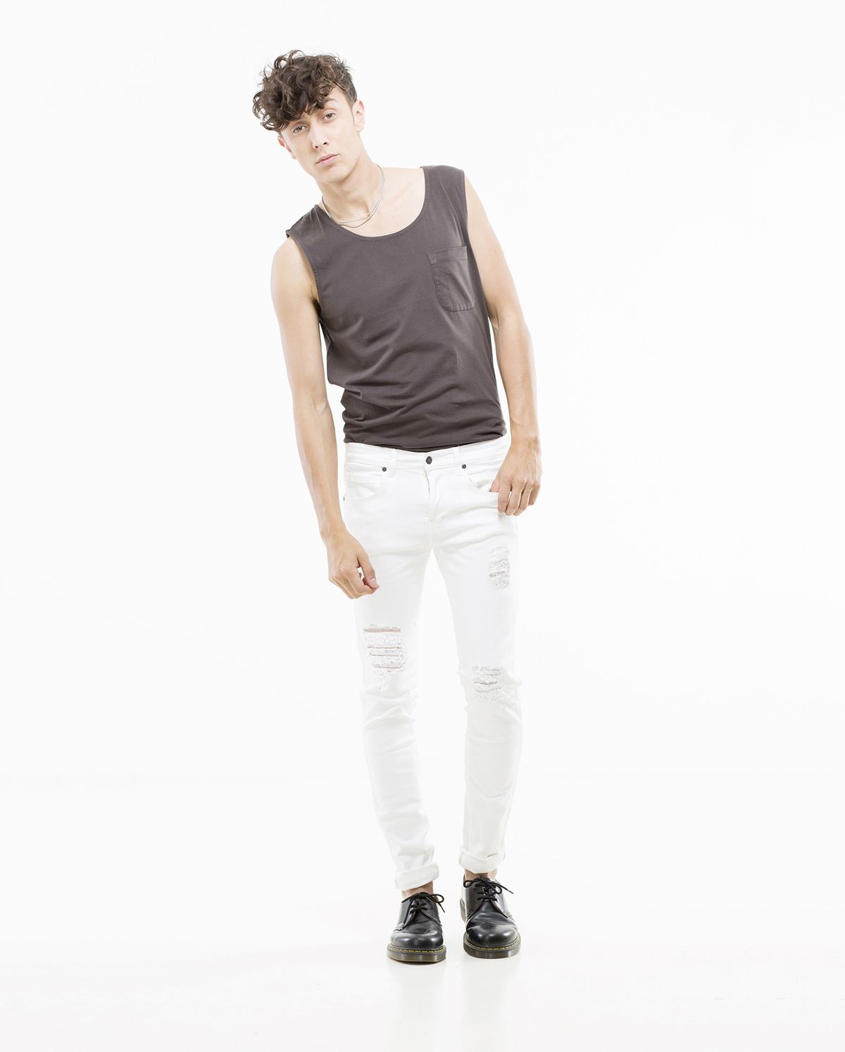 닥터데님(DR.DENIM) 스냅 화이트 디스트로이드