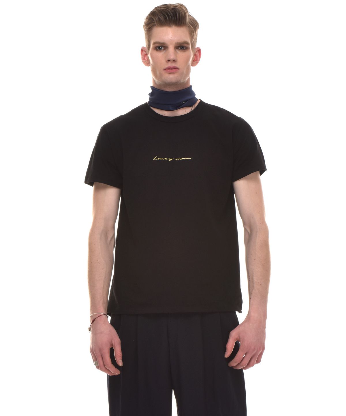 씨오엠이(COME) HONEY MOON EMBROIDERED COTTON AND COTTON-NYLON T-SHIRT (BLACK)