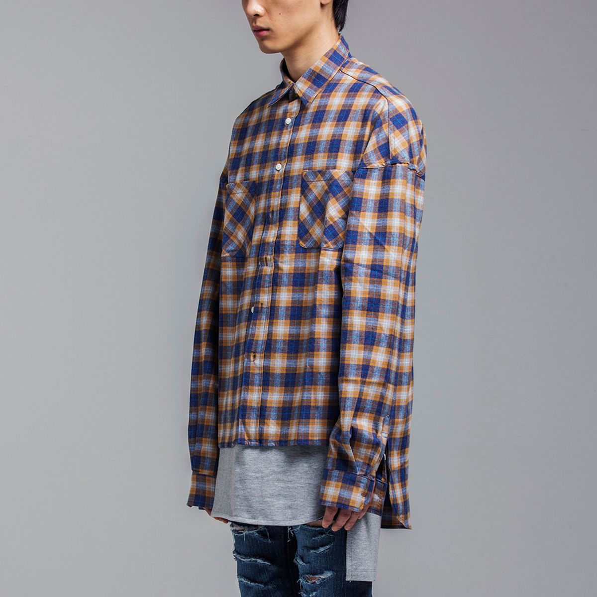 블레디션(BLEDITION) OVERSIZE MADRID PLAID SHIRTS YELLOW/NAVY