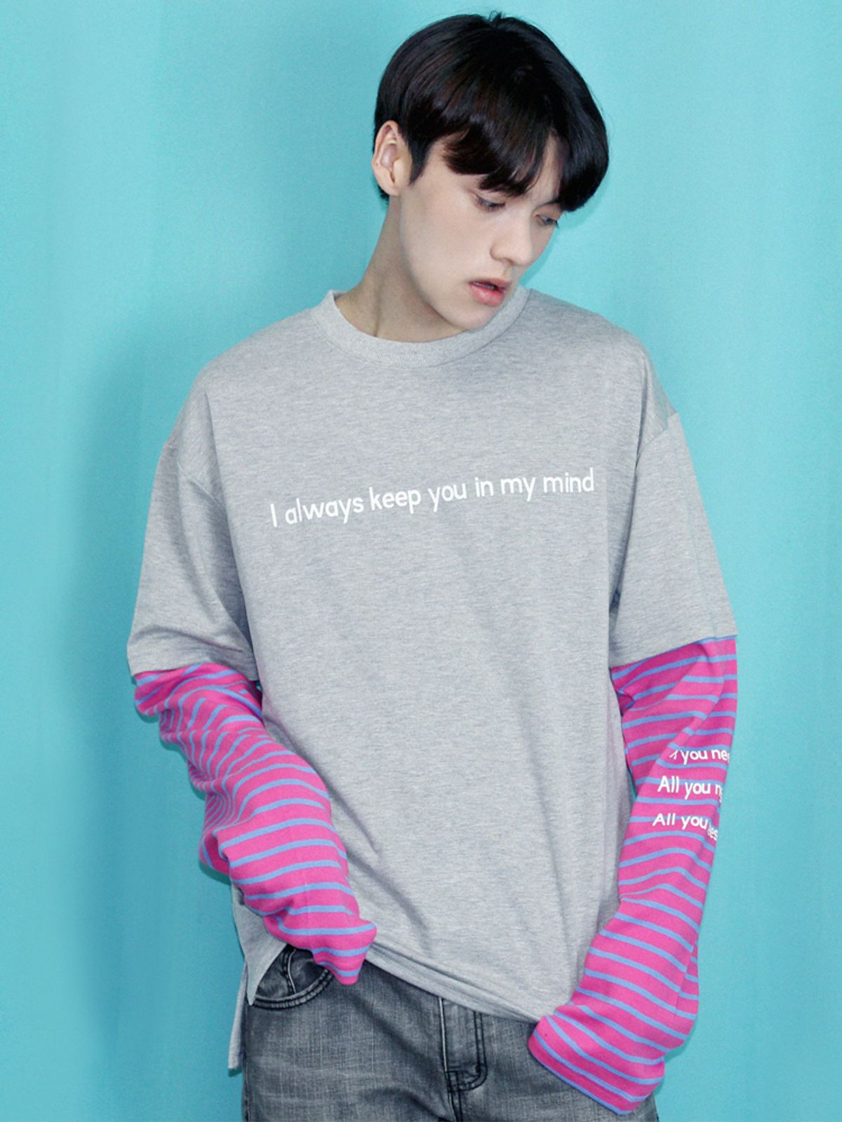 코드아이엠(CODE I'M) LOVE FOREVER L/S LAYERED SLEEVE T-SHIRT GREY
