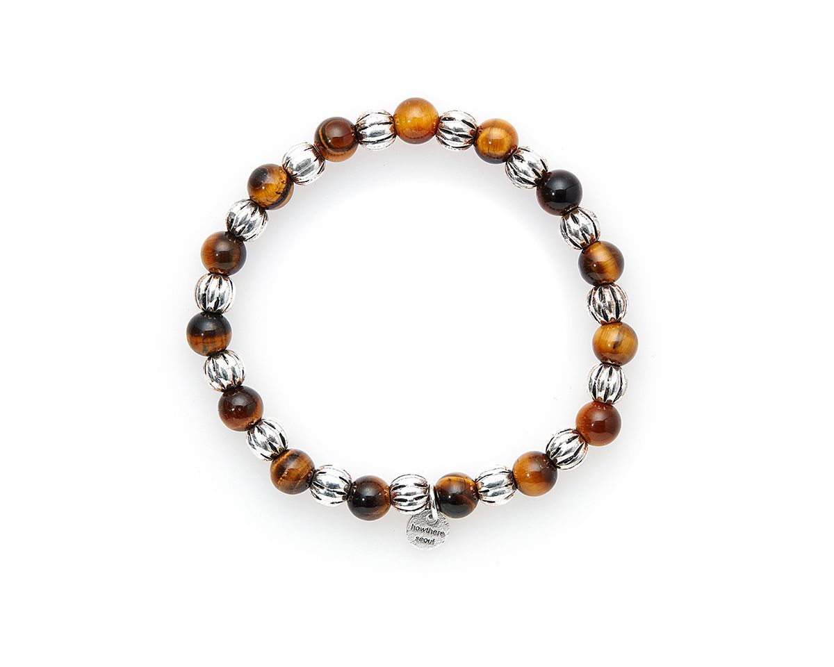 하우데어(HOWTHERE) 은볼팔찌 half & half - carved silver ball and brown stone